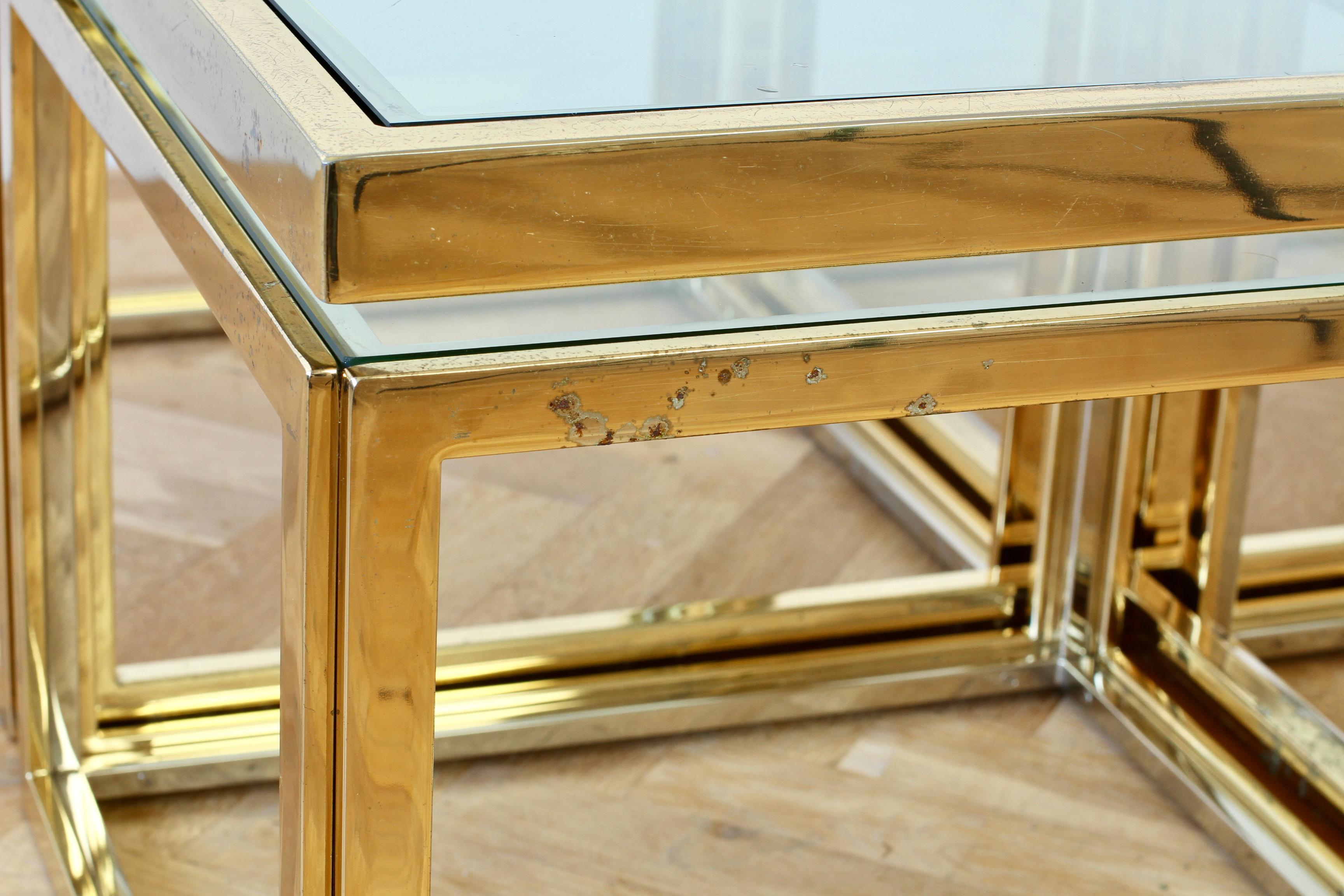Maison Charles Style Brass / Chrome Bicolor Coffee Table & Nesting Tables, 1970s For Sale 9