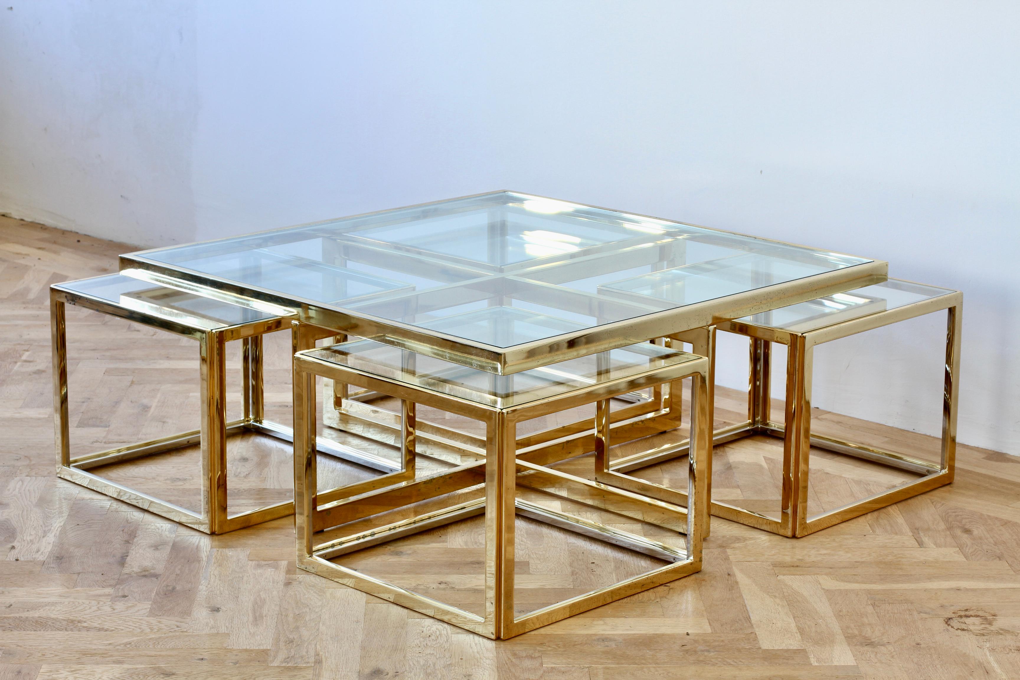 Mid-Century Modern Maison Charles Style Brass / Chrome Bicolor Coffee Table & Nesting Tables, 1970s For Sale