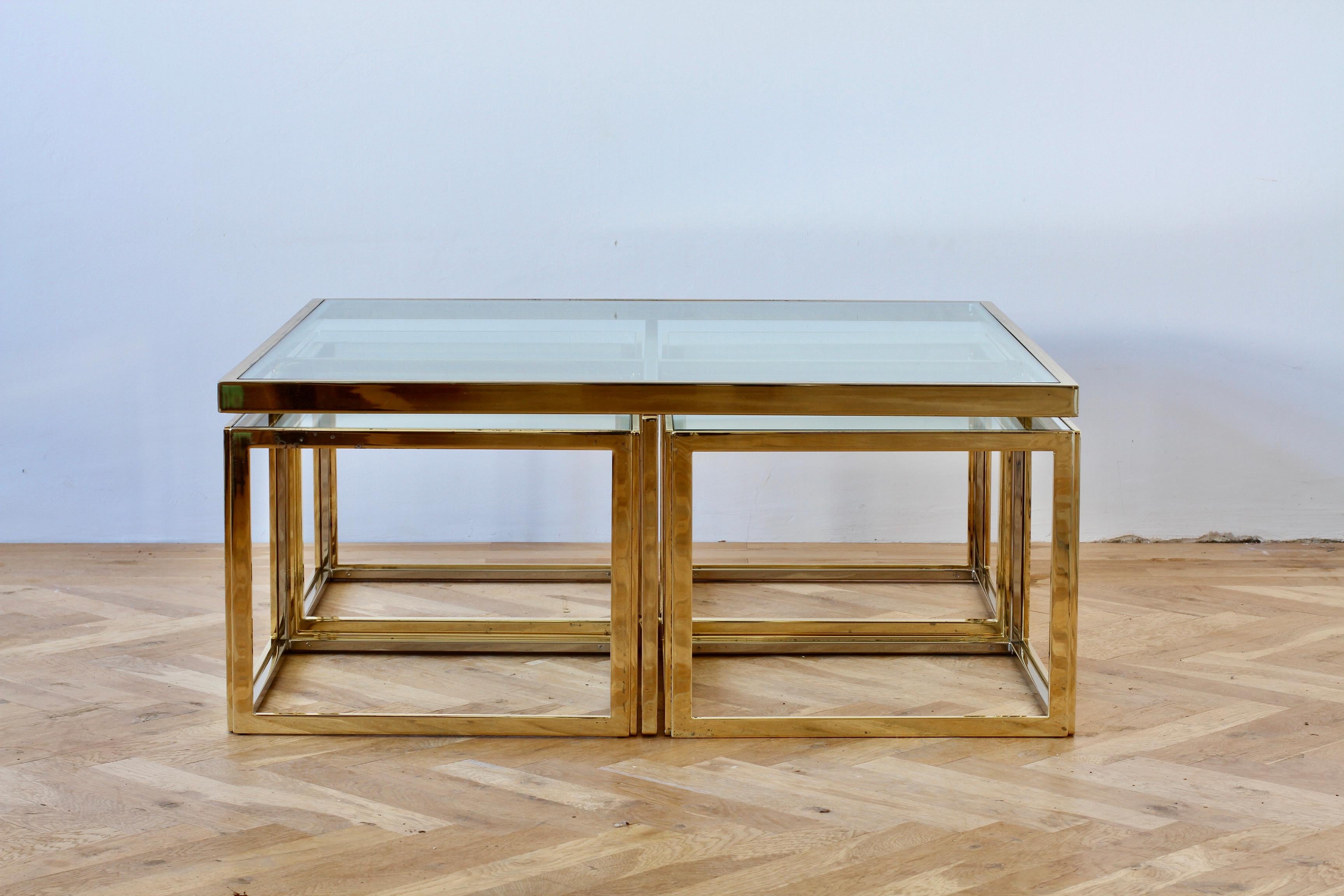 French Maison Charles Style Brass / Chrome Bicolor Coffee Table & Nesting Tables, 1970s For Sale