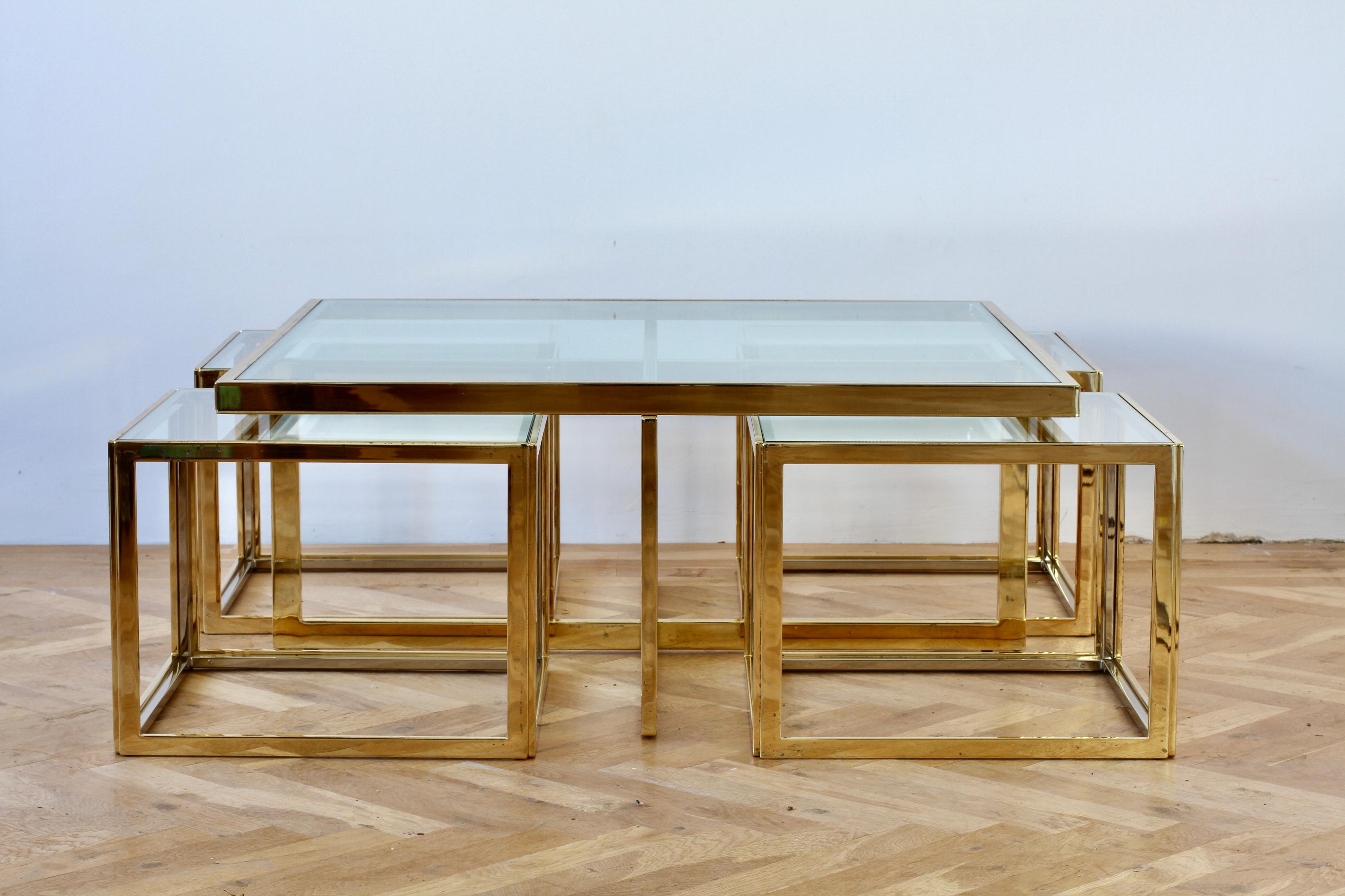 Plated Maison Charles Style Brass / Chrome Bicolor Coffee Table & Nesting Tables, 1970s For Sale