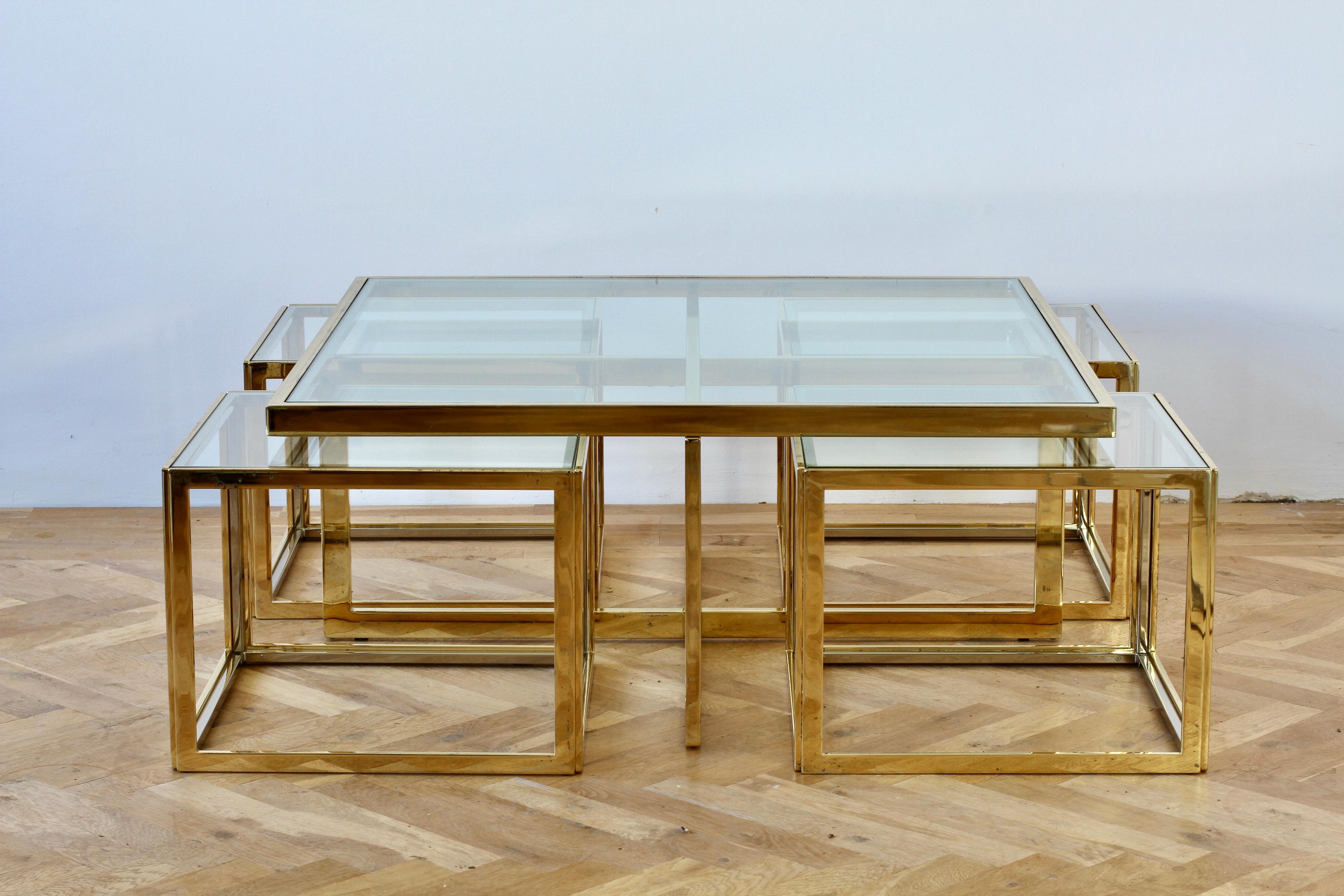 20th Century Maison Charles Style Brass / Chrome Bicolor Coffee Table & Nesting Tables, 1970s For Sale