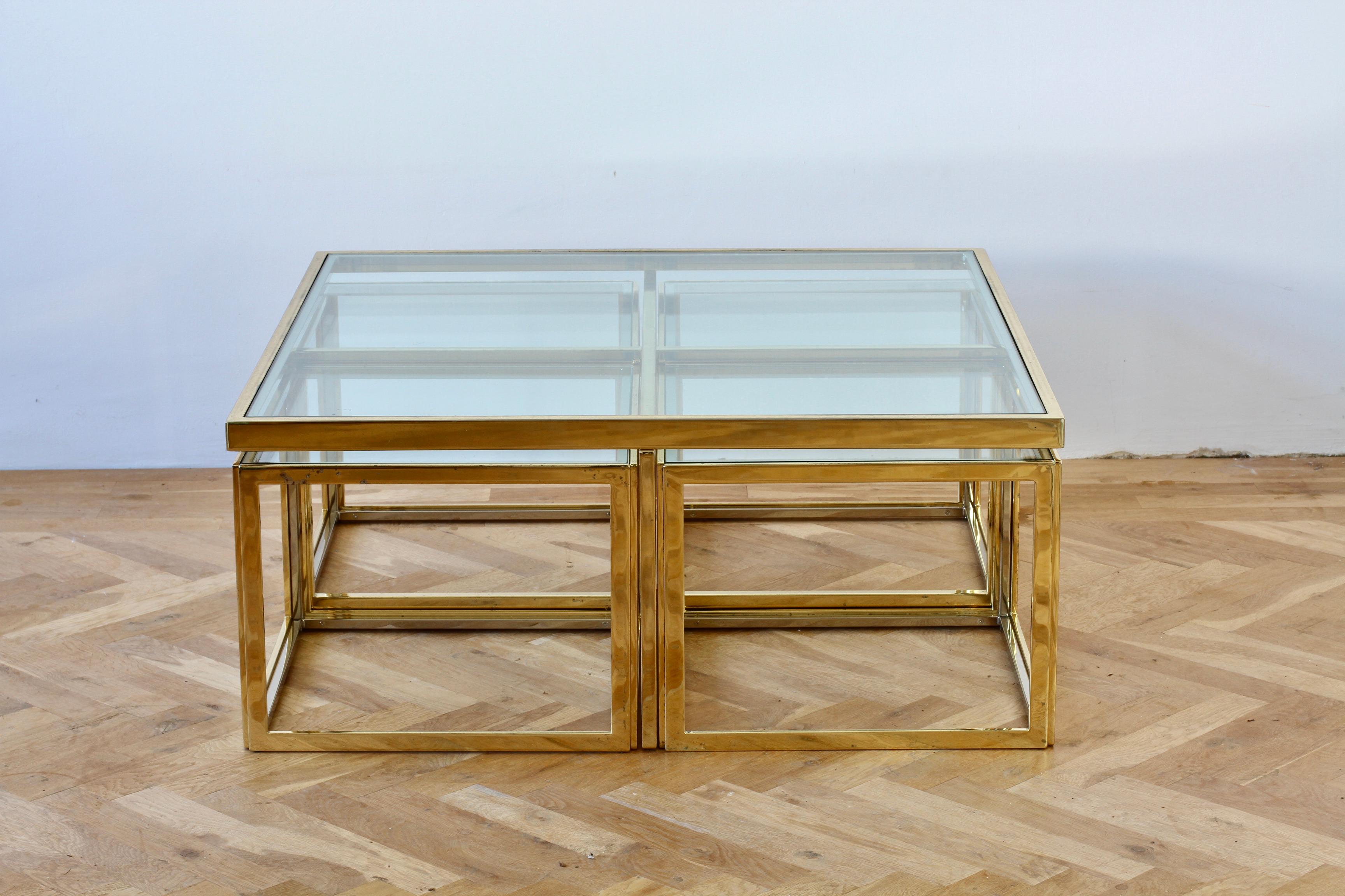 Metal Maison Charles Style Brass / Chrome Bicolor Coffee Table & Nesting Tables, 1970s For Sale