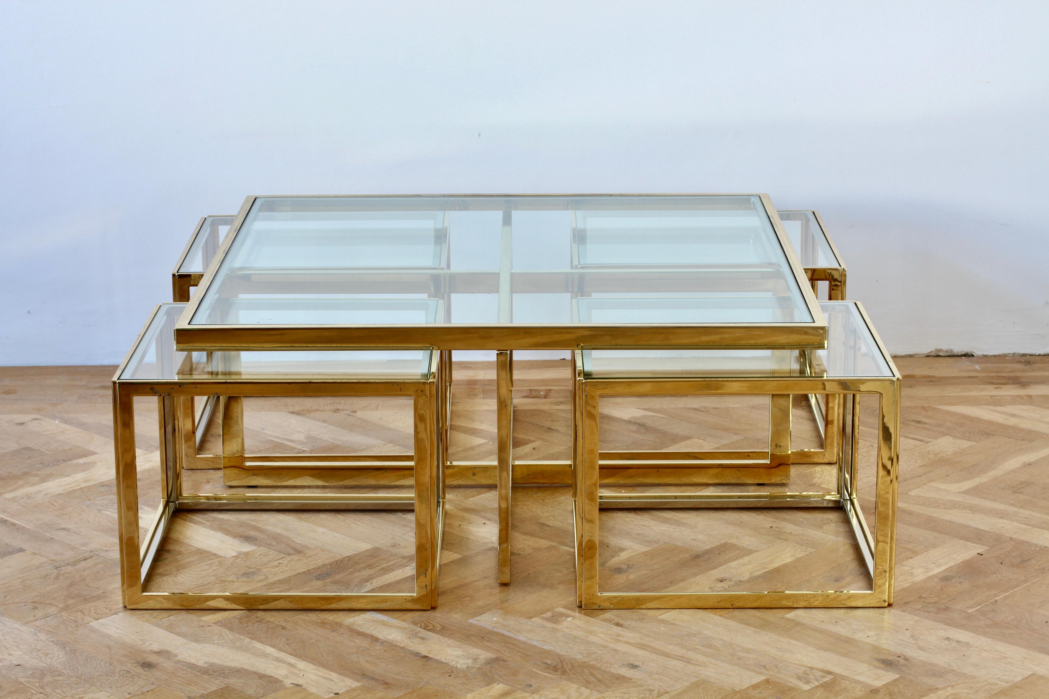 Maison Charles Style Brass / Chrome Bicolor Coffee Table & Nesting Tables, 1970s For Sale 1