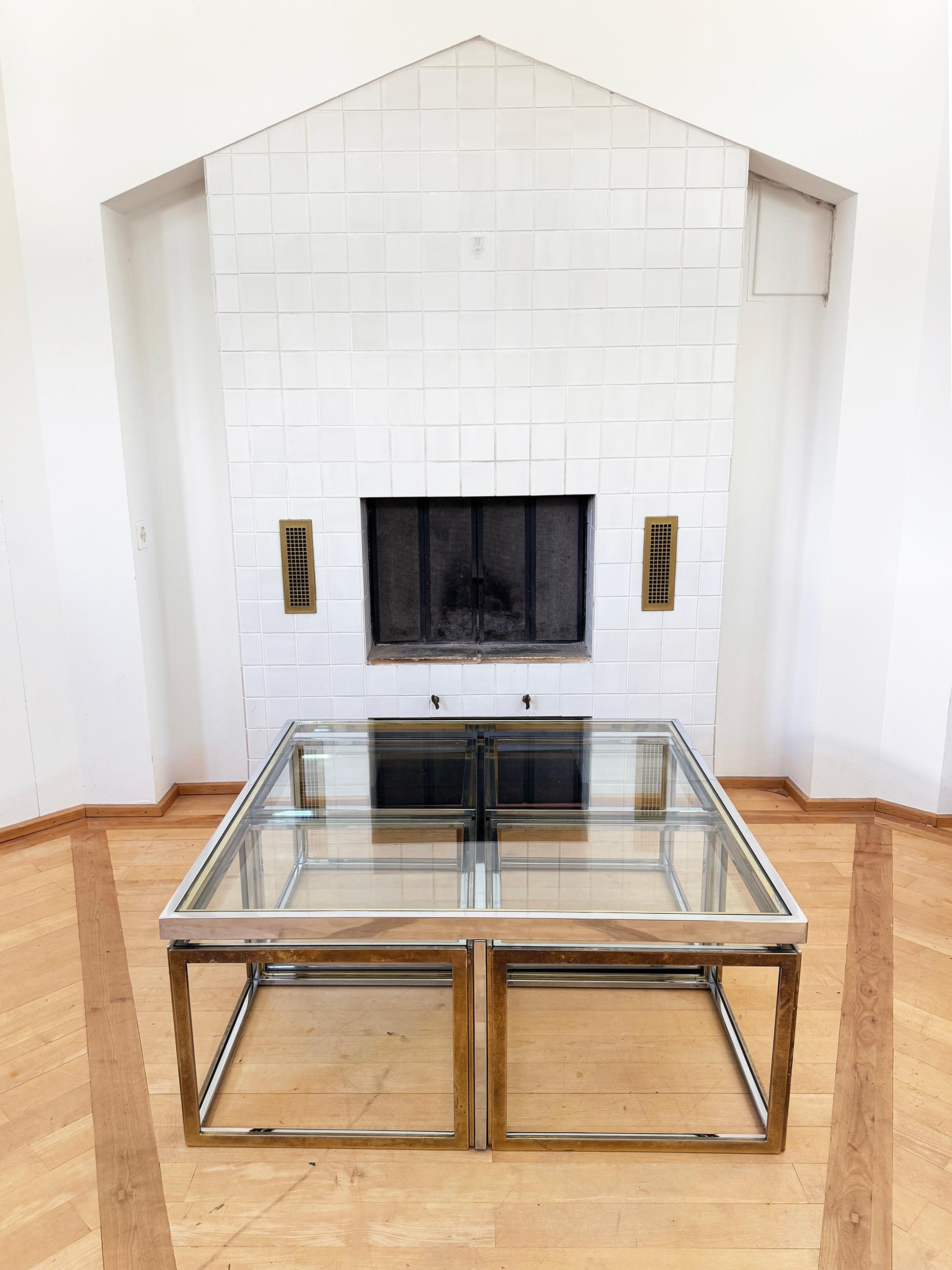 Maison Charles Brass / Chrome Glass Coffee Table & Nesting Tables, 60s 70s For Sale 9