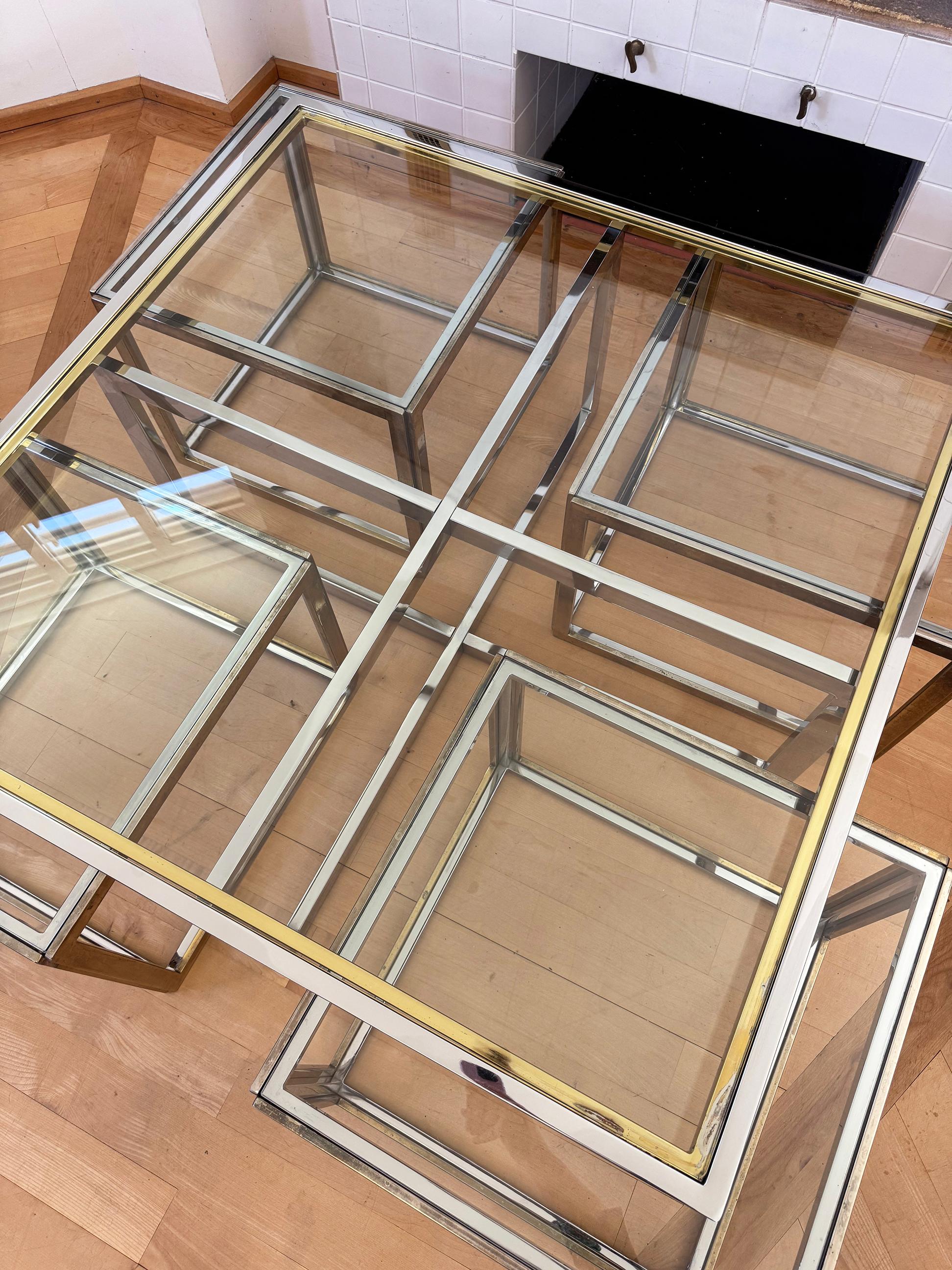Maison Charles Brass / Chrome Glass Coffee Table & Nesting Tables, 60s 70s For Sale 10
