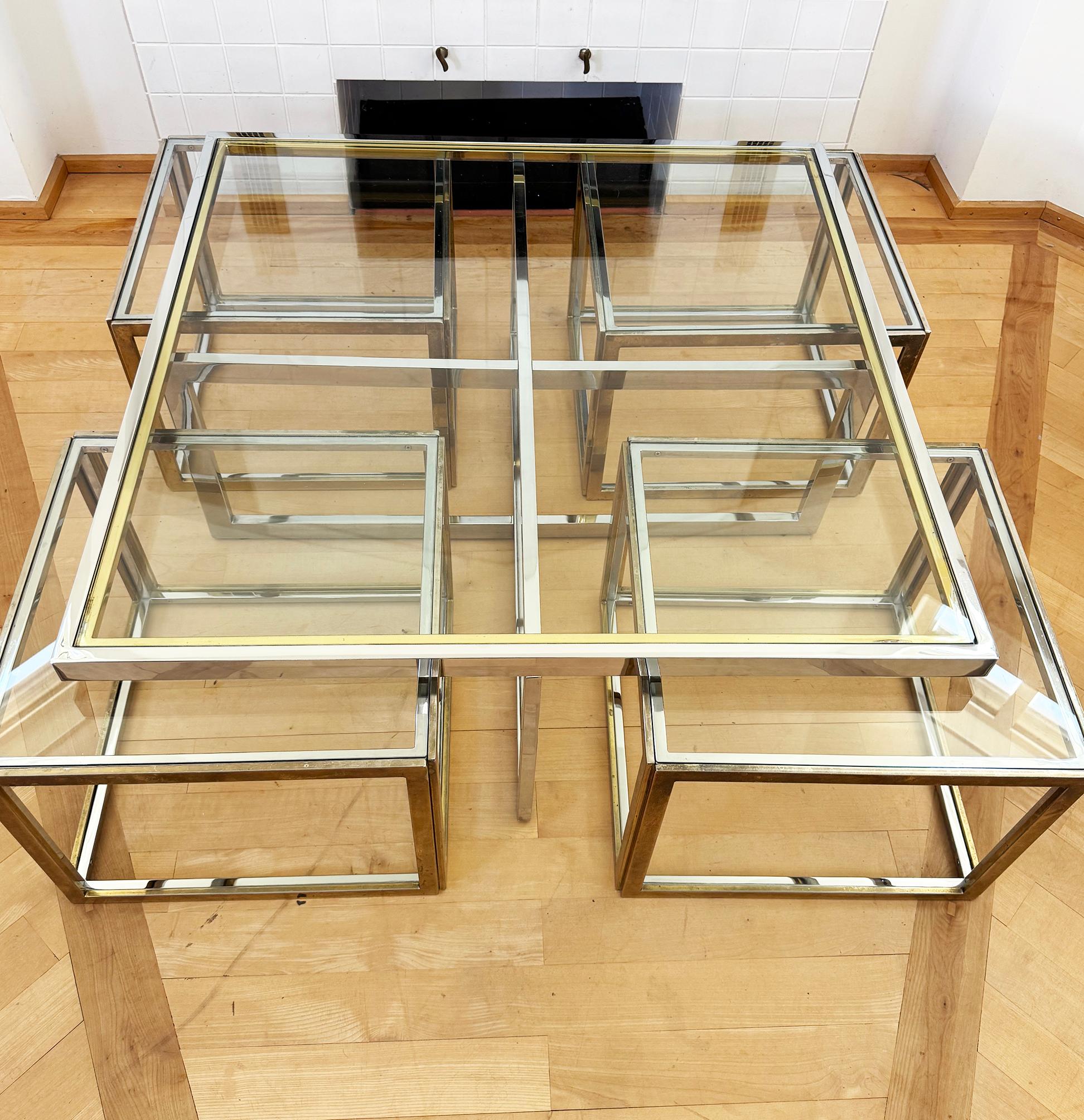 Maison Charles Brass / Chrome Glass Coffee Table & Nesting Tables, 60s 70s For Sale 11