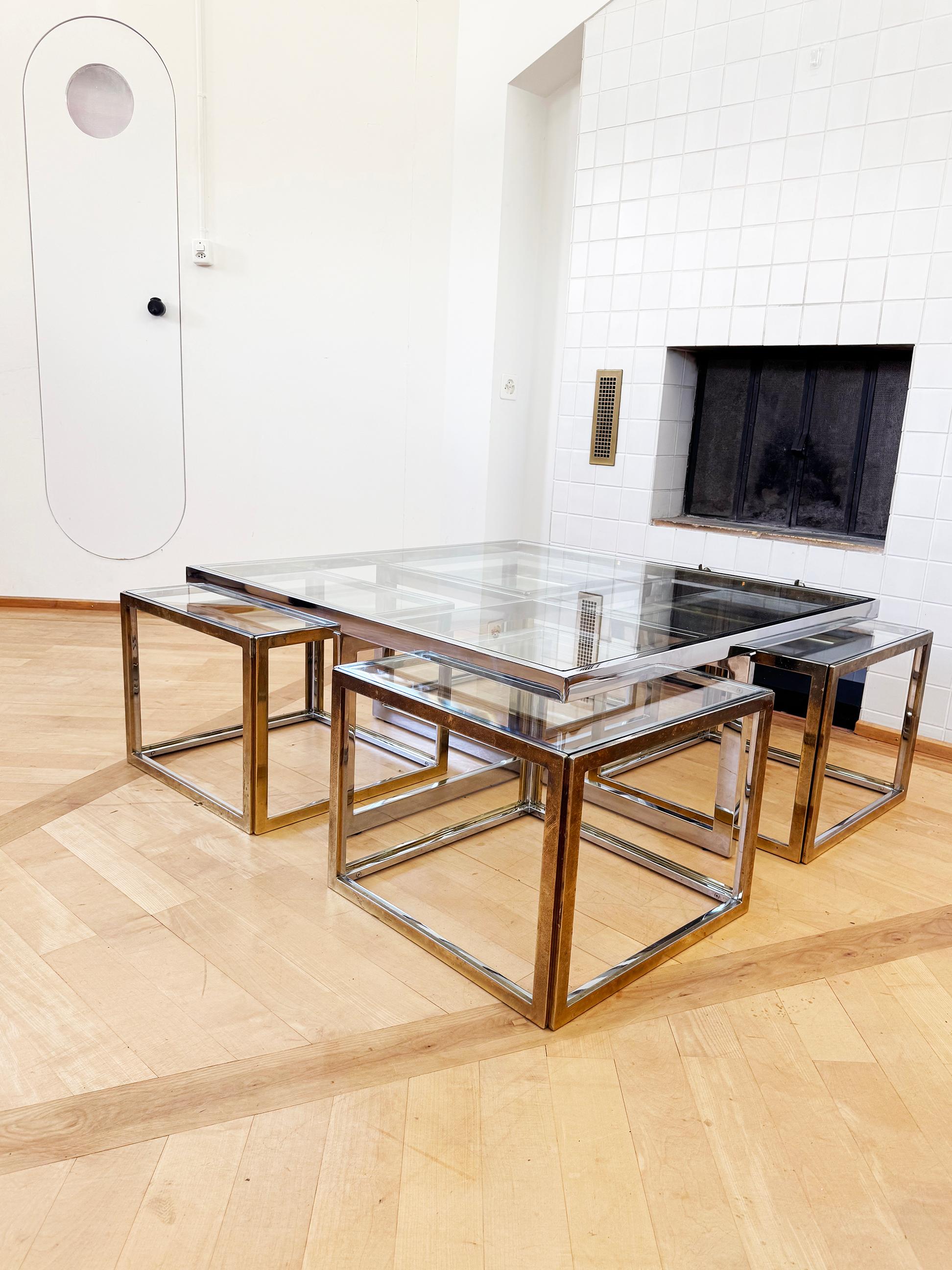 Maison Charles Brass / Chrome Glass Coffee Table & Nesting Tables, 60s 70s For Sale 12