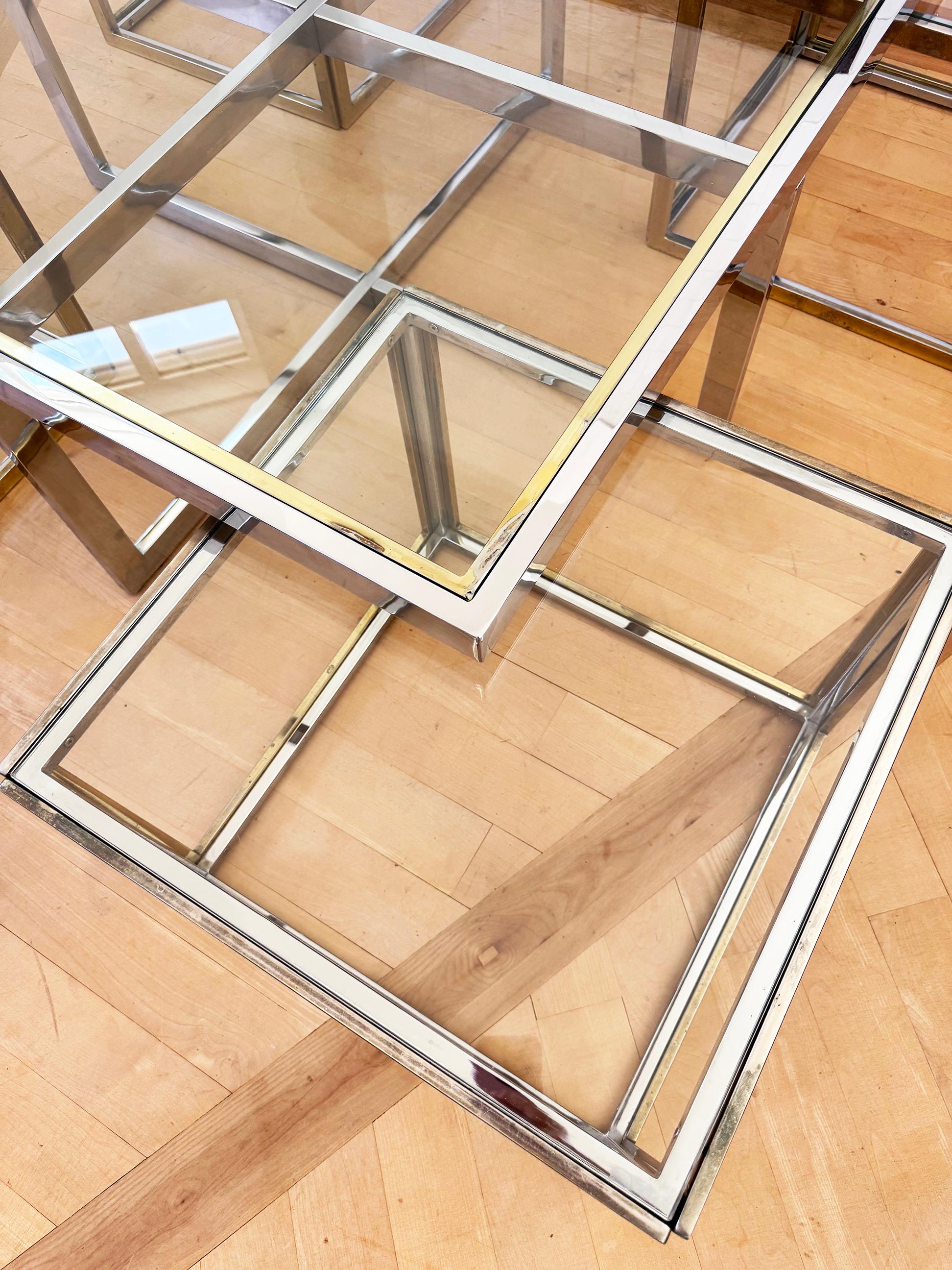 Maison Charles Brass / Chrome Glass Coffee Table & Nesting Tables, 60s 70s For Sale 13