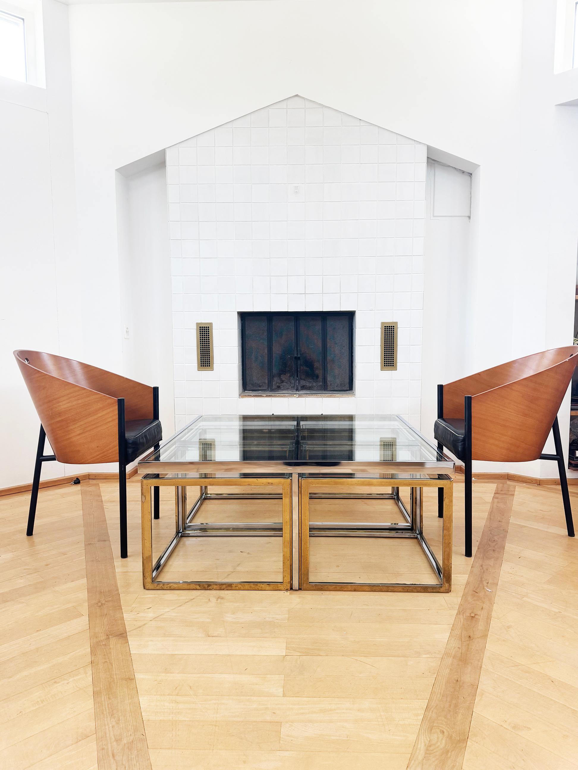 Mid-Century Modern Maison Charles Brass / Chrome Glass Coffee Table & Nesting Tables, 60s 70s For Sale