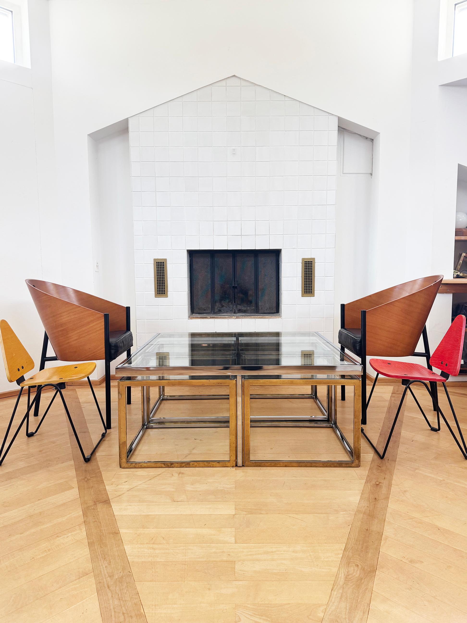 French Maison Charles Brass / Chrome Glass Coffee Table & Nesting Tables, 60s 70s For Sale