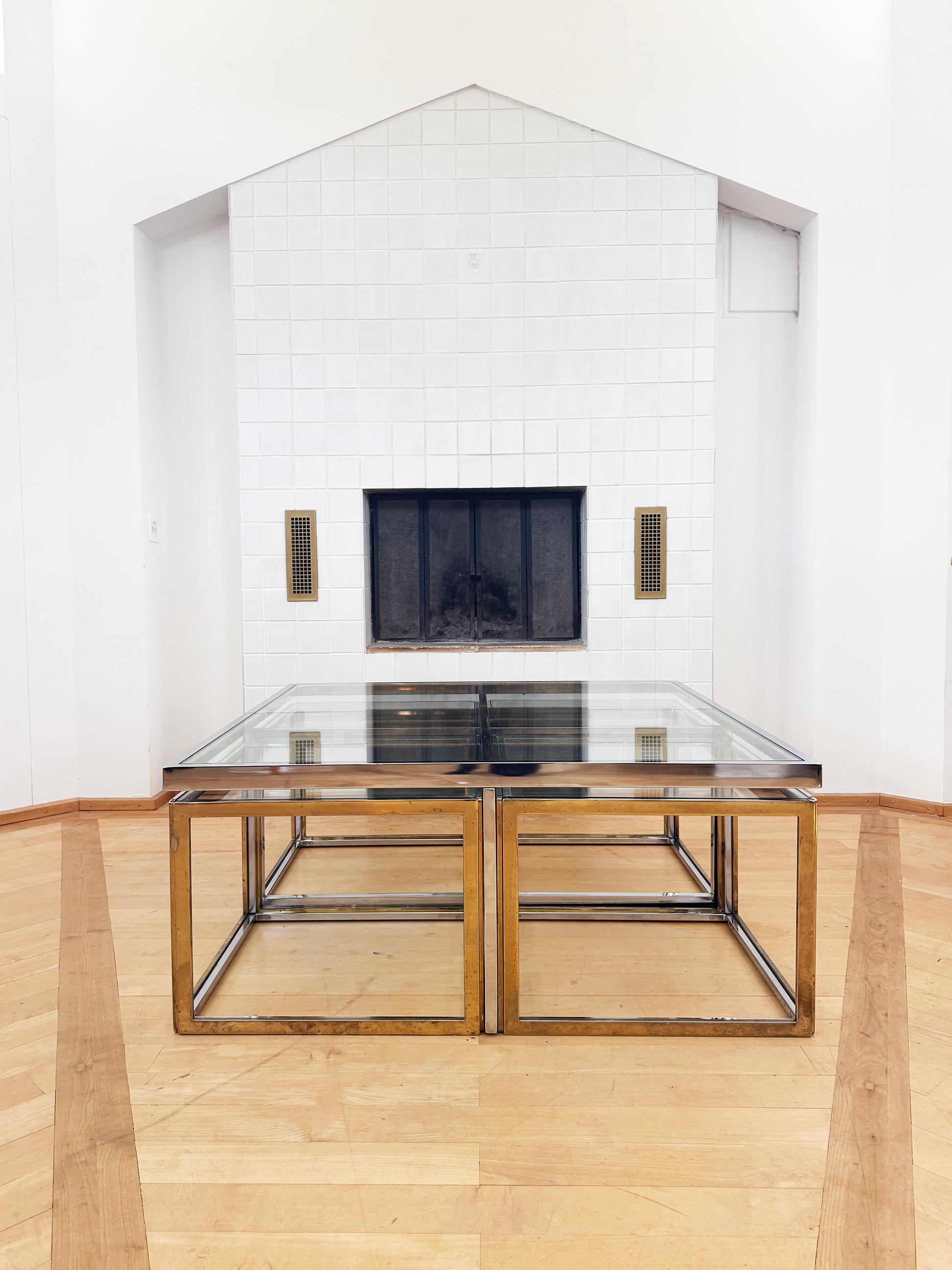 Plated Maison Charles Brass / Chrome Glass Coffee Table & Nesting Tables, 60s 70s For Sale