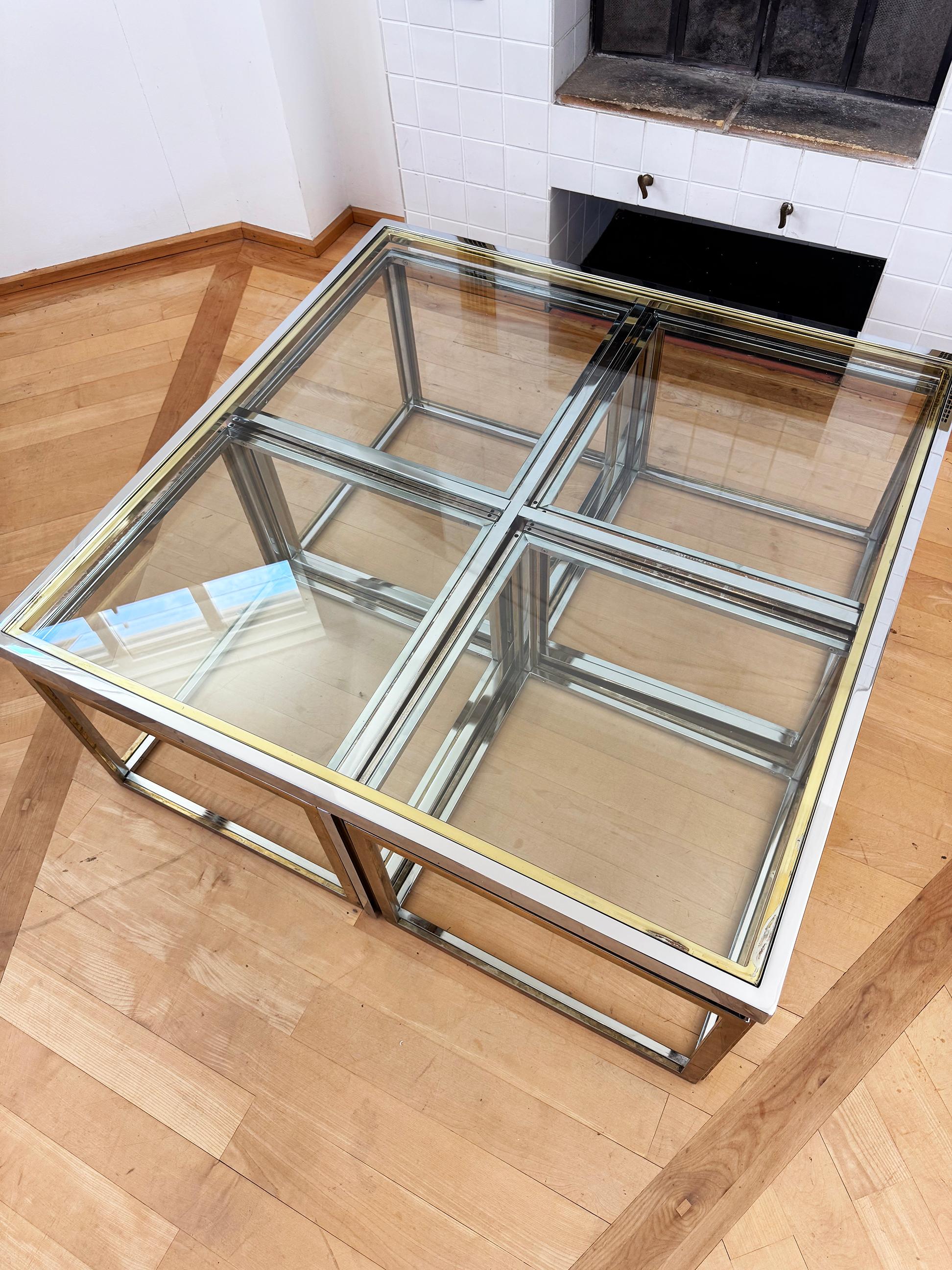 Maison Charles Brass / Chrome Glass Coffee Table & Nesting Tables, 60s 70s In Good Condition For Sale In Basel, BS