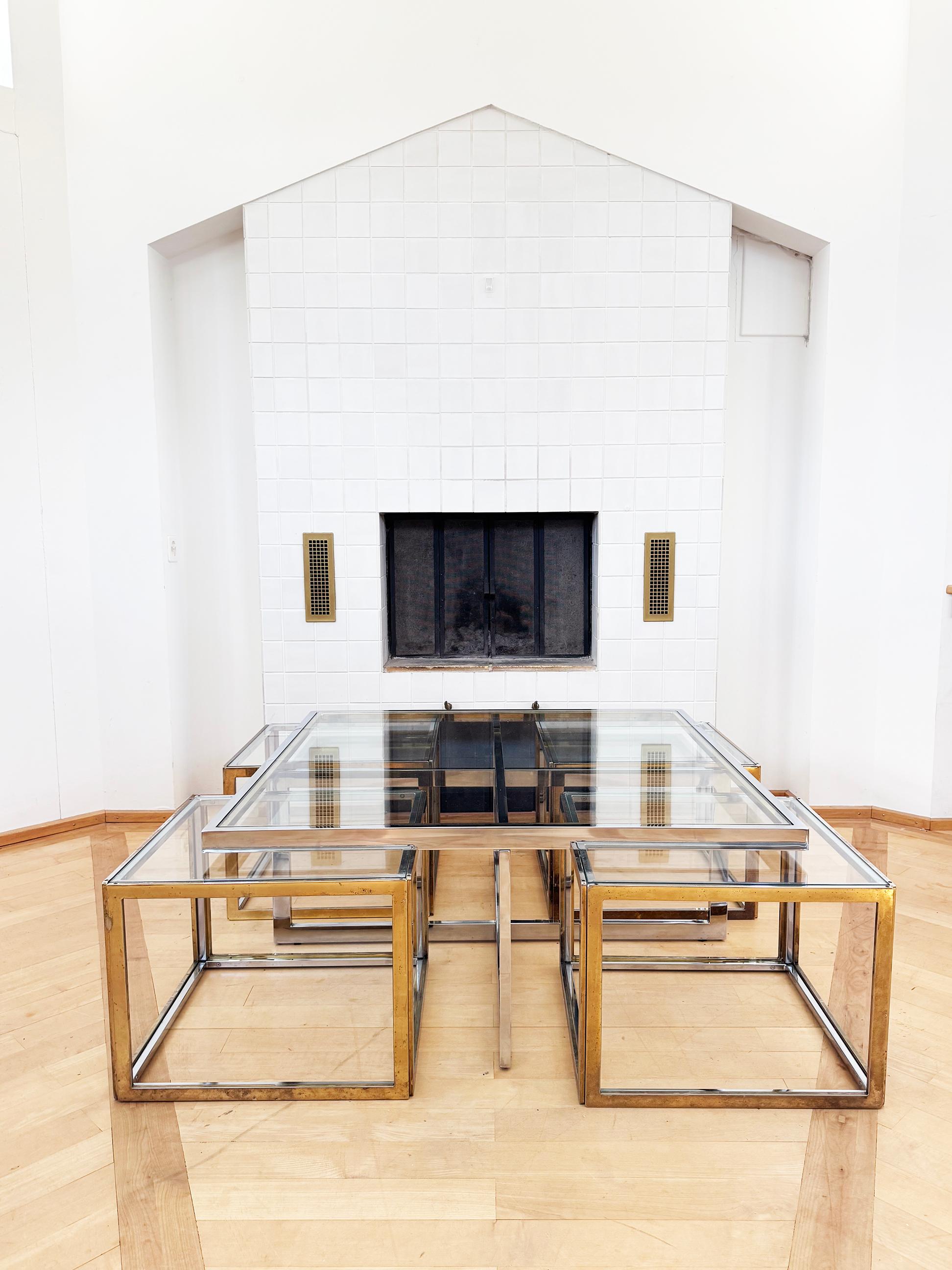 Late 20th Century Maison Charles Brass / Chrome Glass Coffee Table & Nesting Tables, 60s 70s For Sale