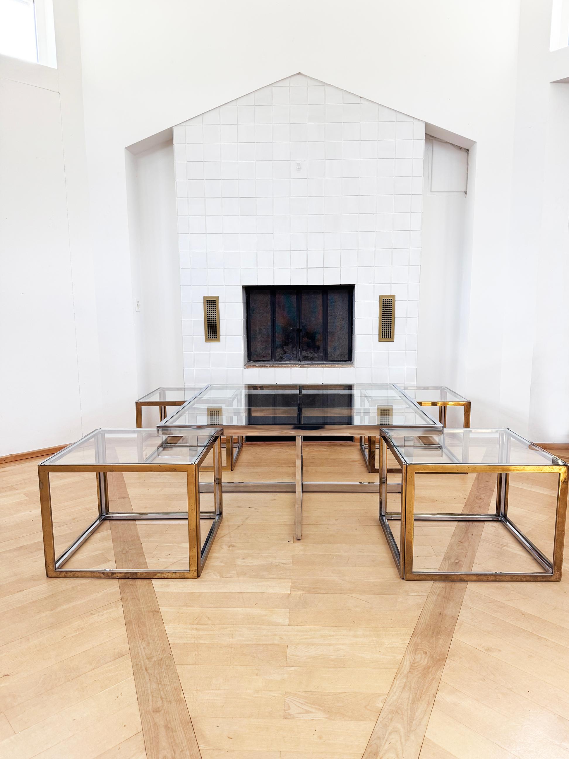 Maison Charles Brass / Chrome Glass Coffee Table & Nesting Tables, 60s 70s For Sale 1