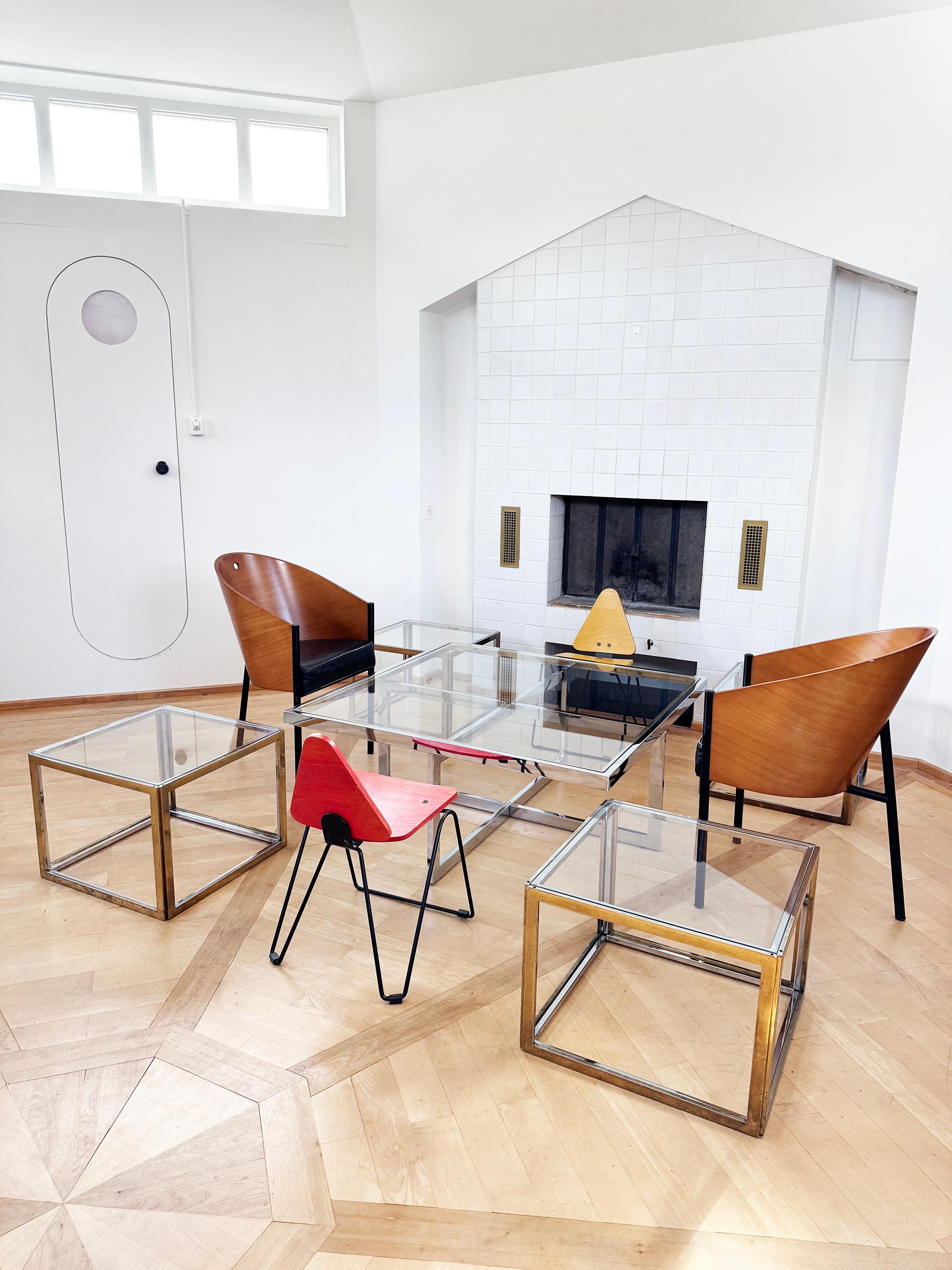 Maison Charles Brass / Chrome Glass Coffee Table & Nesting Tables, 60s 70s For Sale 2