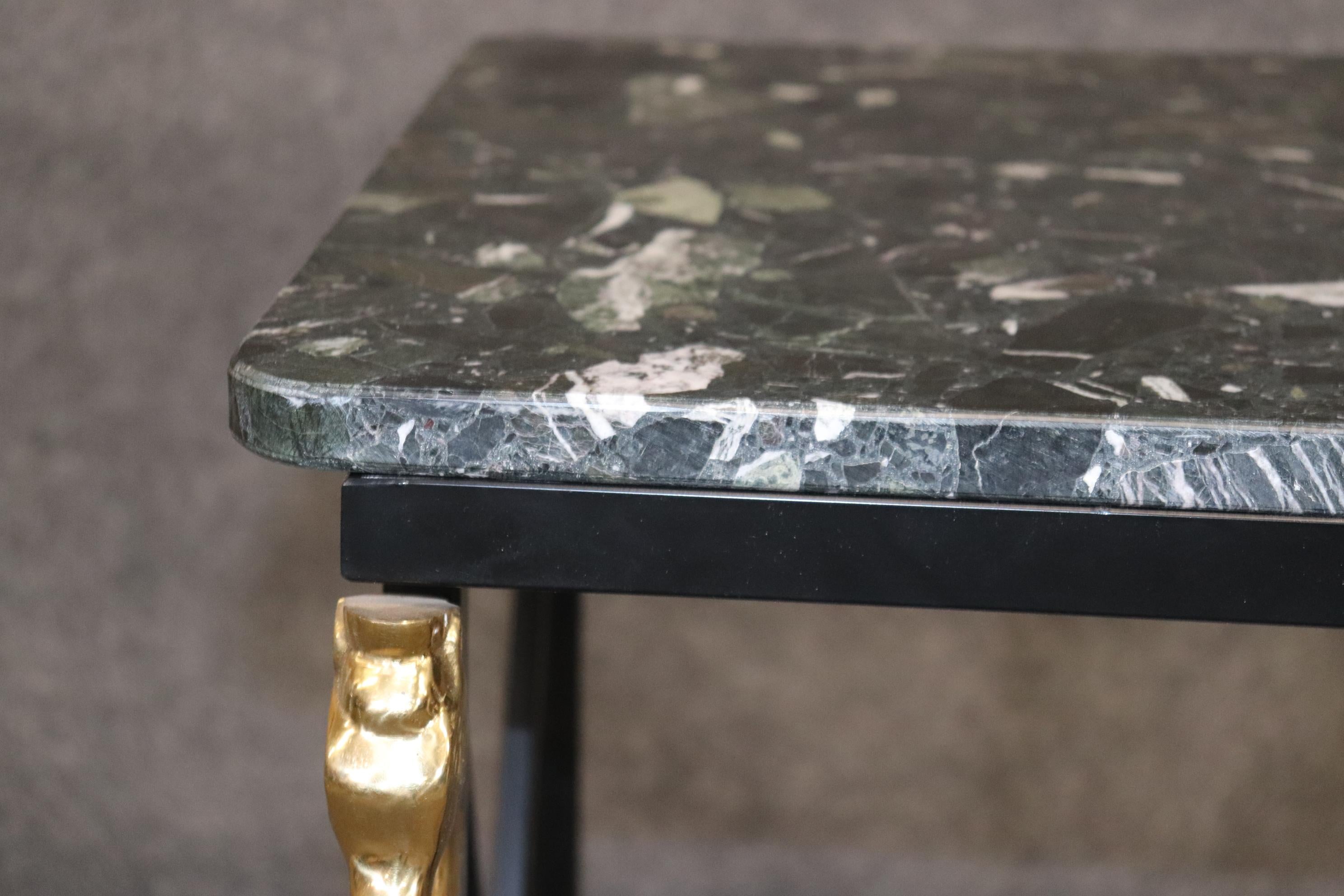 Maison Charles Style Brass Horse and Steel Verdi Marble Console Table circa 1970 For Sale 7