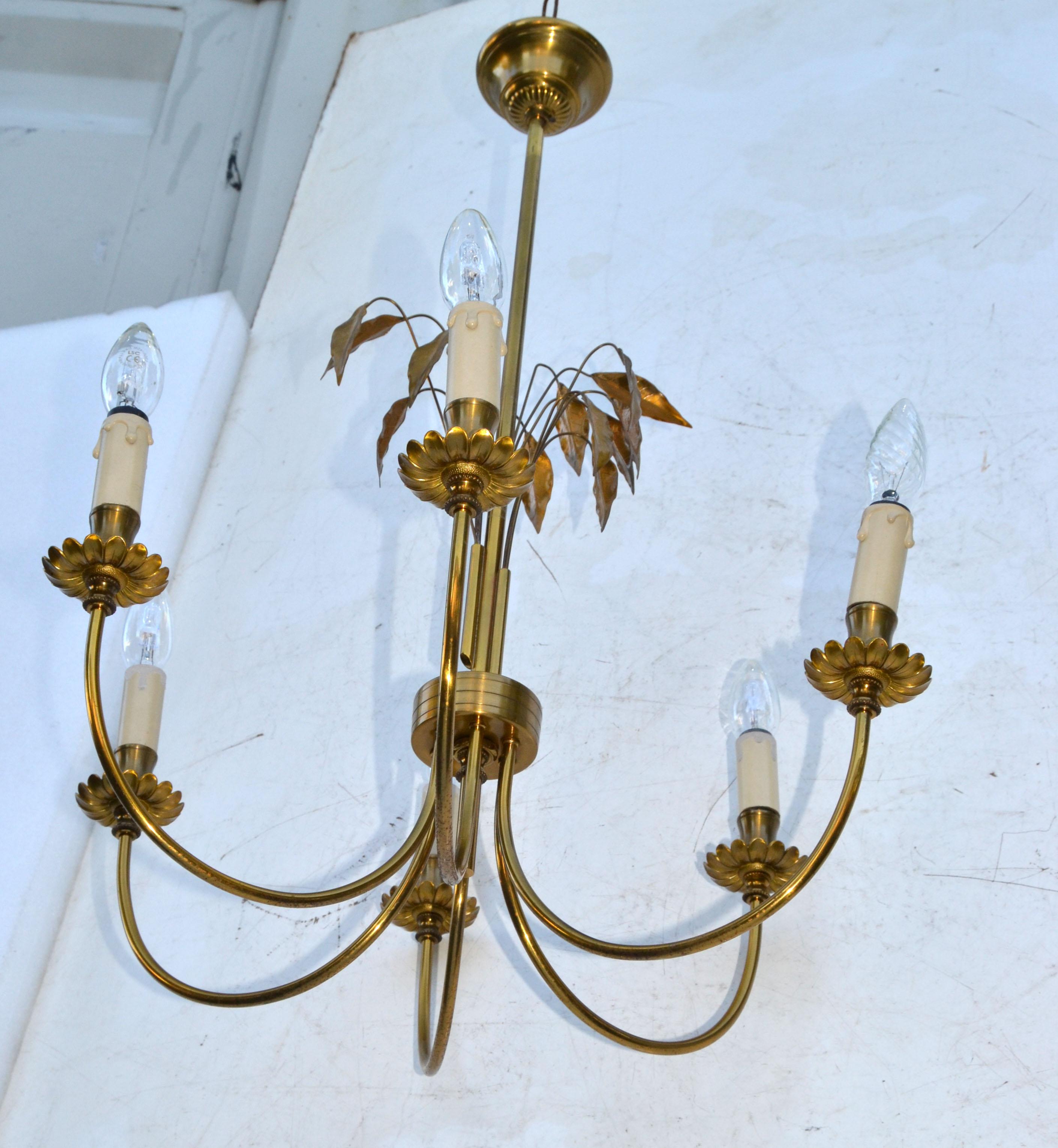 Maison Charles Style Feuilles Gold Leaf & Brass 6-Light Chandelier France 1960 For Sale 8