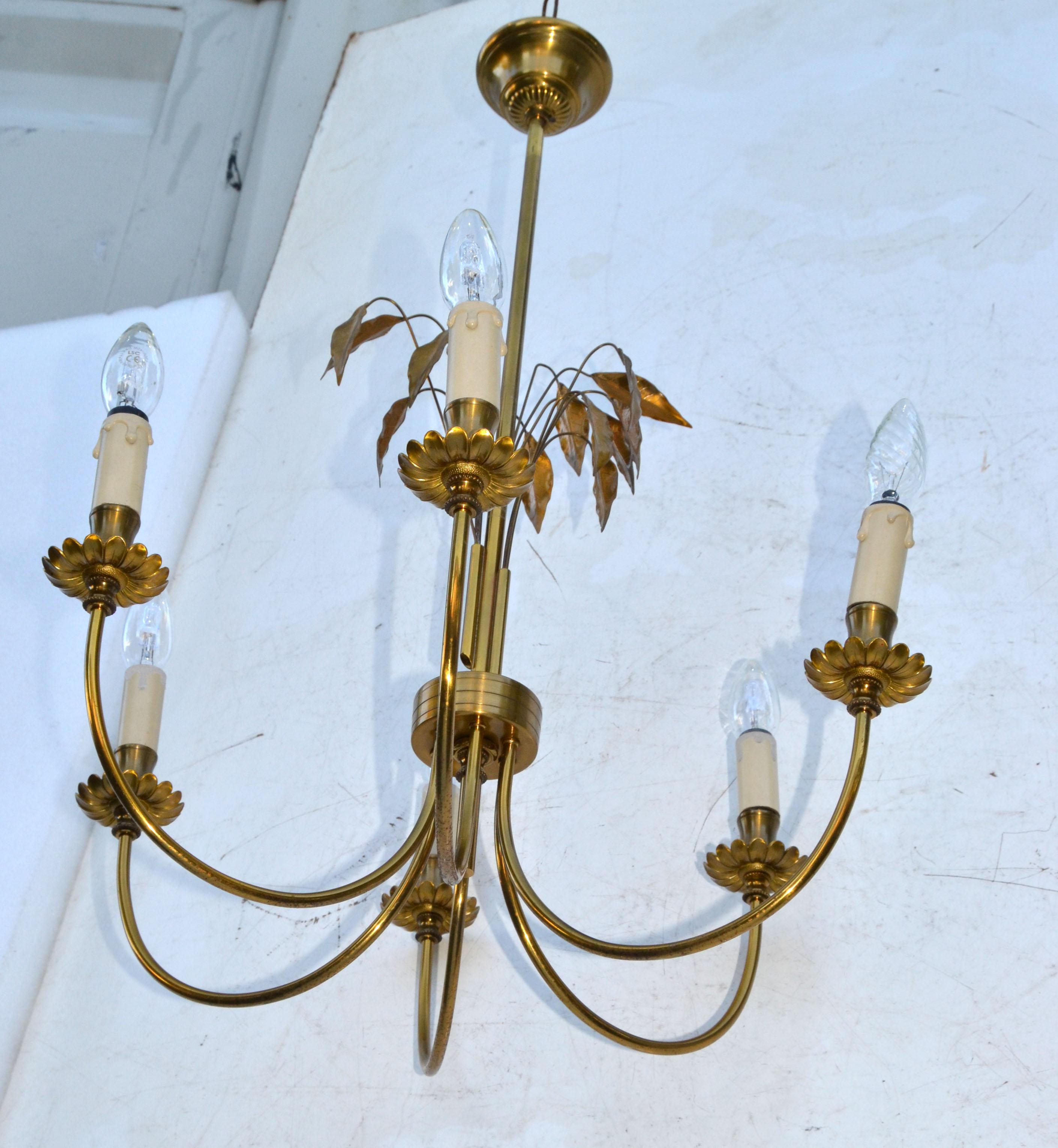  Maison Charles Style Feuilles Gold Leaf & Brass 6-Light Chandelier France 1960 For Sale 8