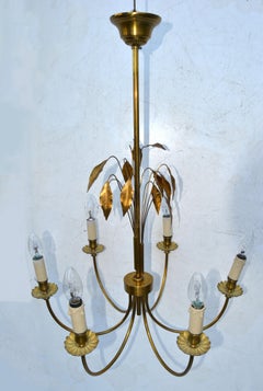 Maison Charles Style Feuilles Gold Leaf & Brass 6-Light Chandelier France 1960