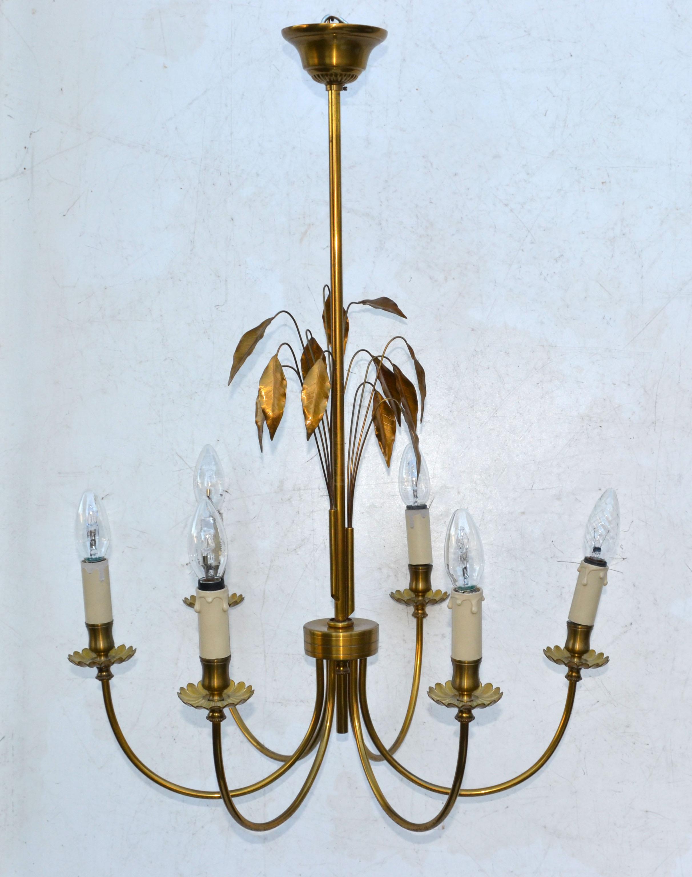 Mid-Century Modern  Maison Charles Style Feuilles Gold Leaf & Brass 6-Light Chandelier France 1960 For Sale