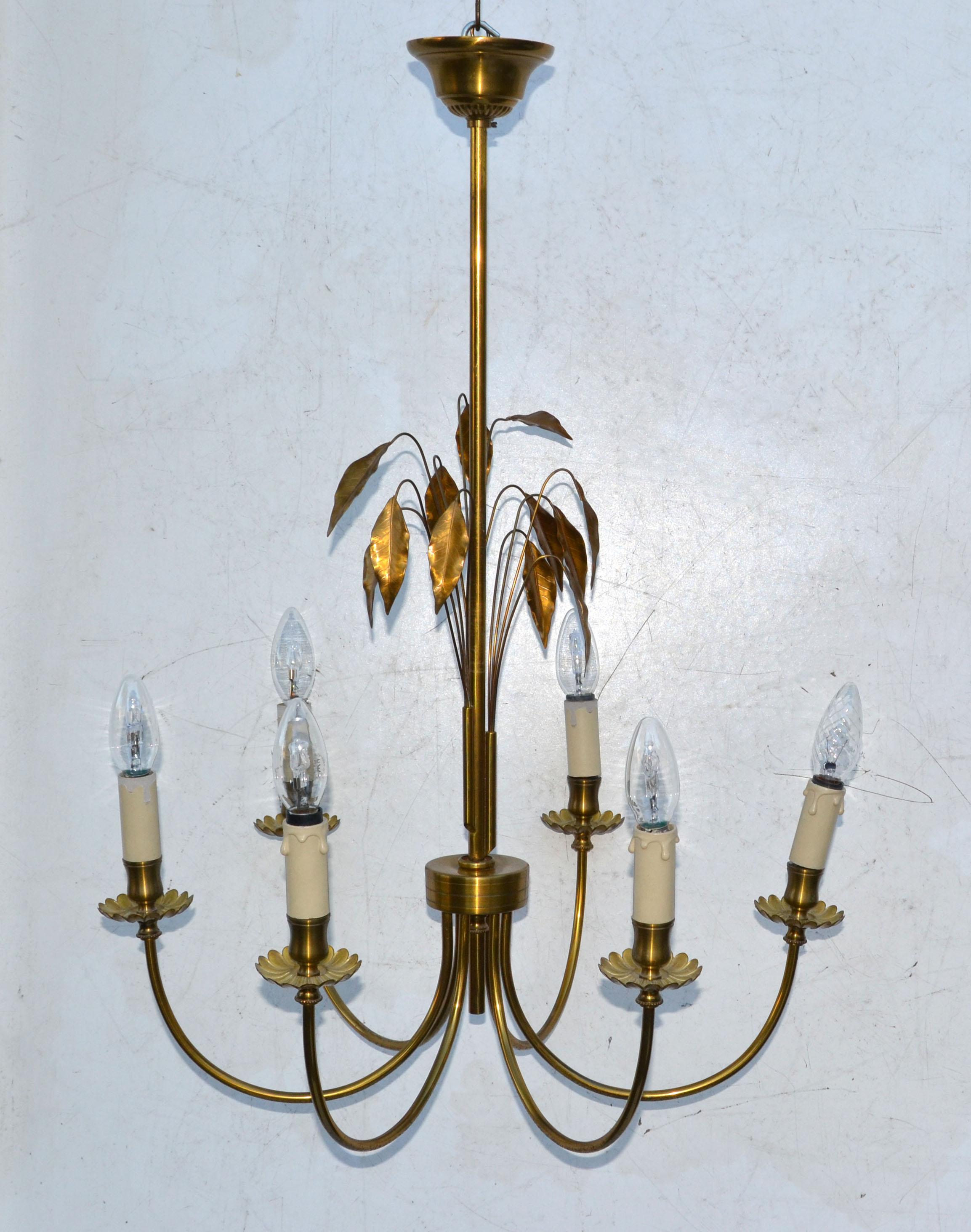 French Maison Charles Style Feuilles Gold Leaf & Brass 6-Light Chandelier France 1960 For Sale