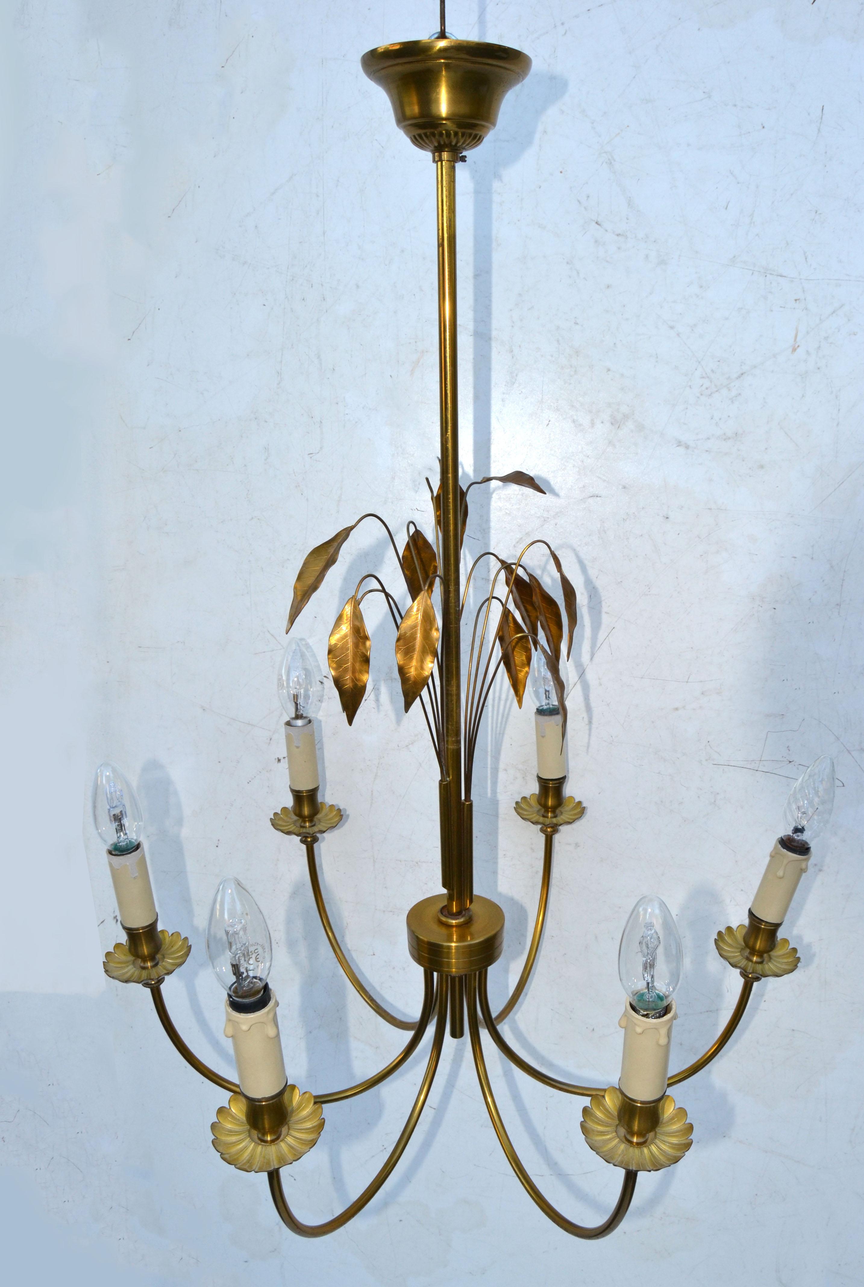  Maison Charles Style Feuilles Gold Leaf & Brass 6-Light Chandelier France 1960 In Good Condition For Sale In Miami, FL