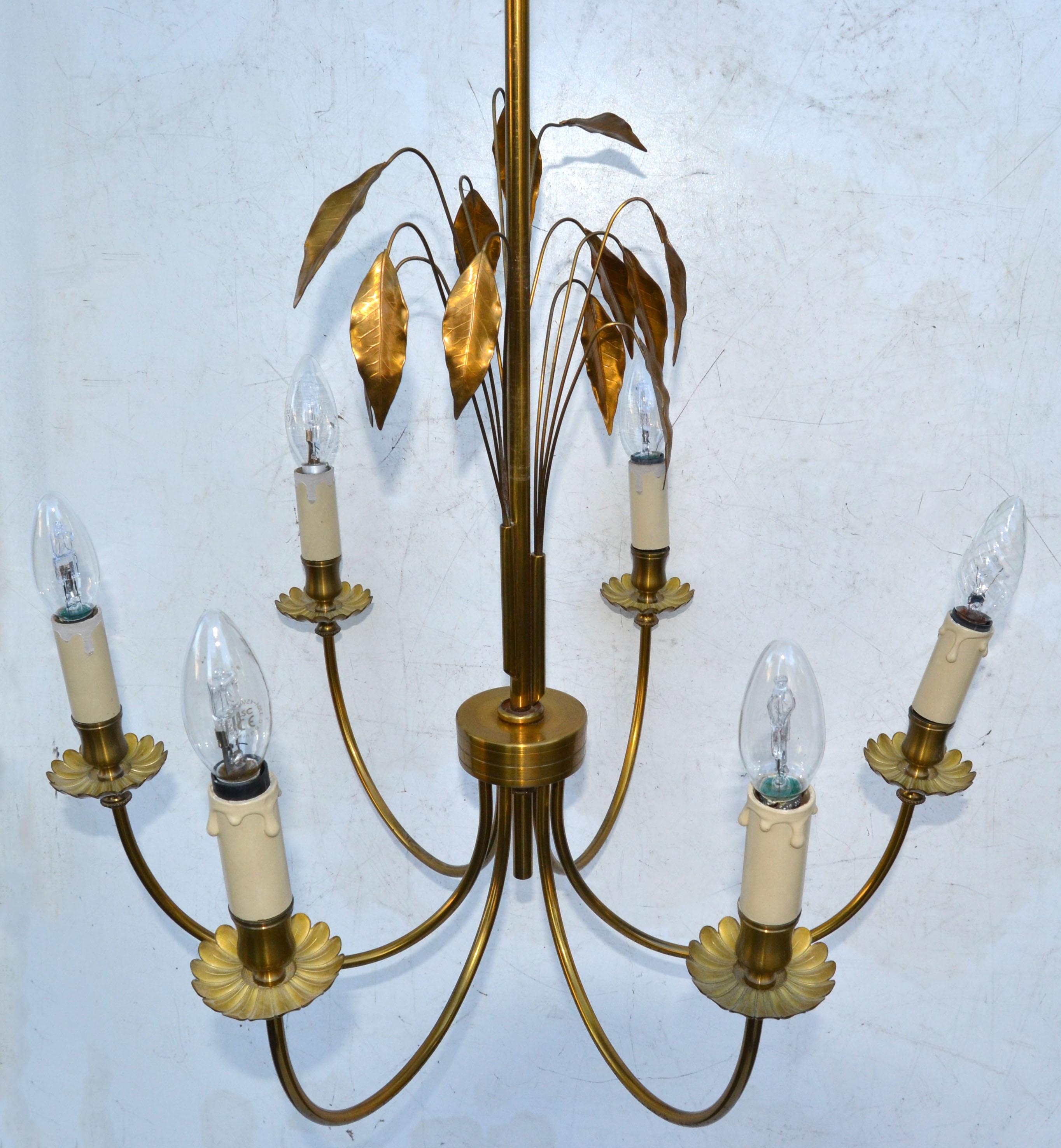 Mid-20th Century  Maison Charles Style Feuilles Gold Leaf & Brass 6-Light Chandelier France 1960 For Sale