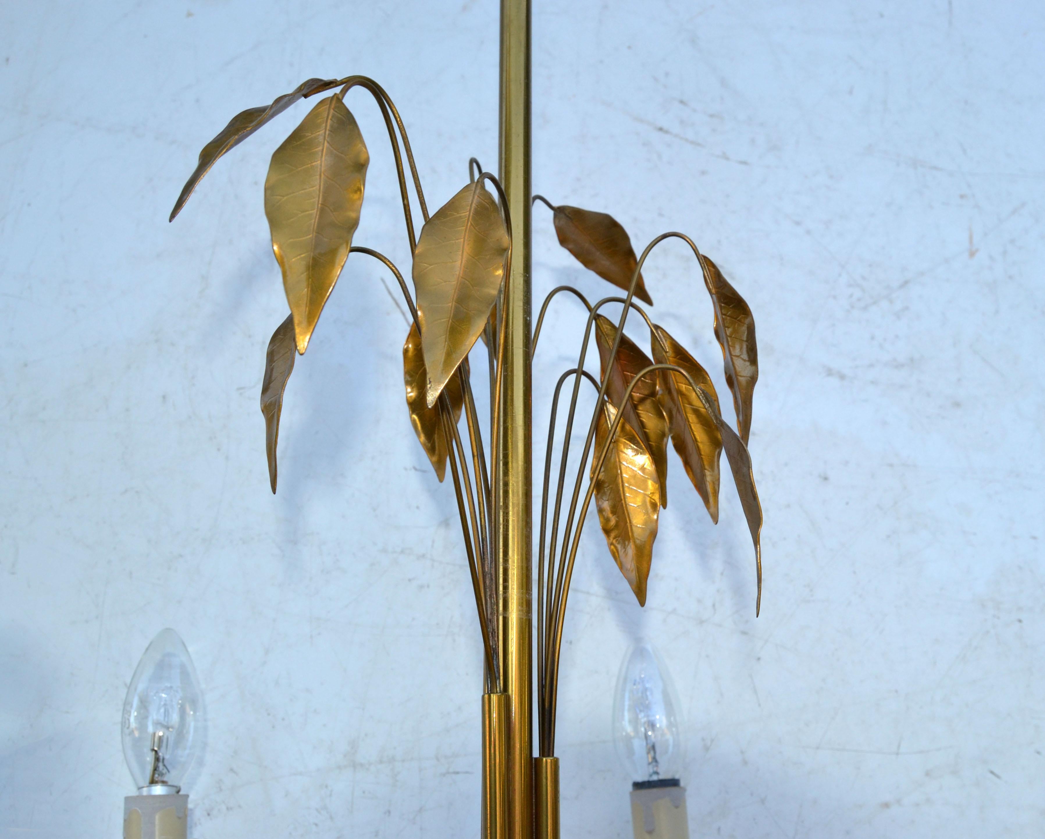  Maison Charles Style Feuilles Gold Leaf & Brass 6-Light Chandelier France 1960 For Sale 1