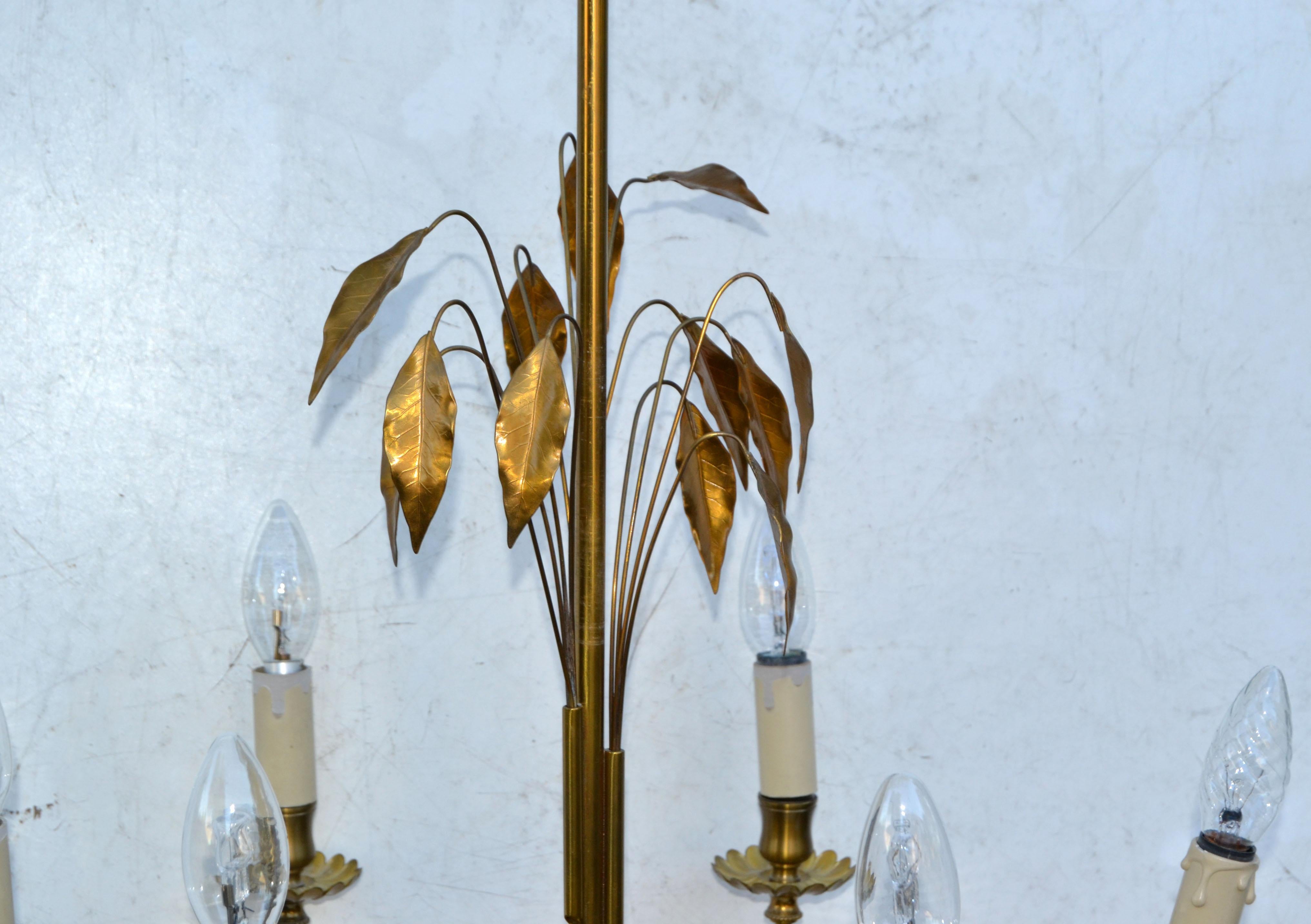  Maison Charles Style Feuilles Gold Leaf & Brass 6-Light Chandelier France 1960 For Sale 2