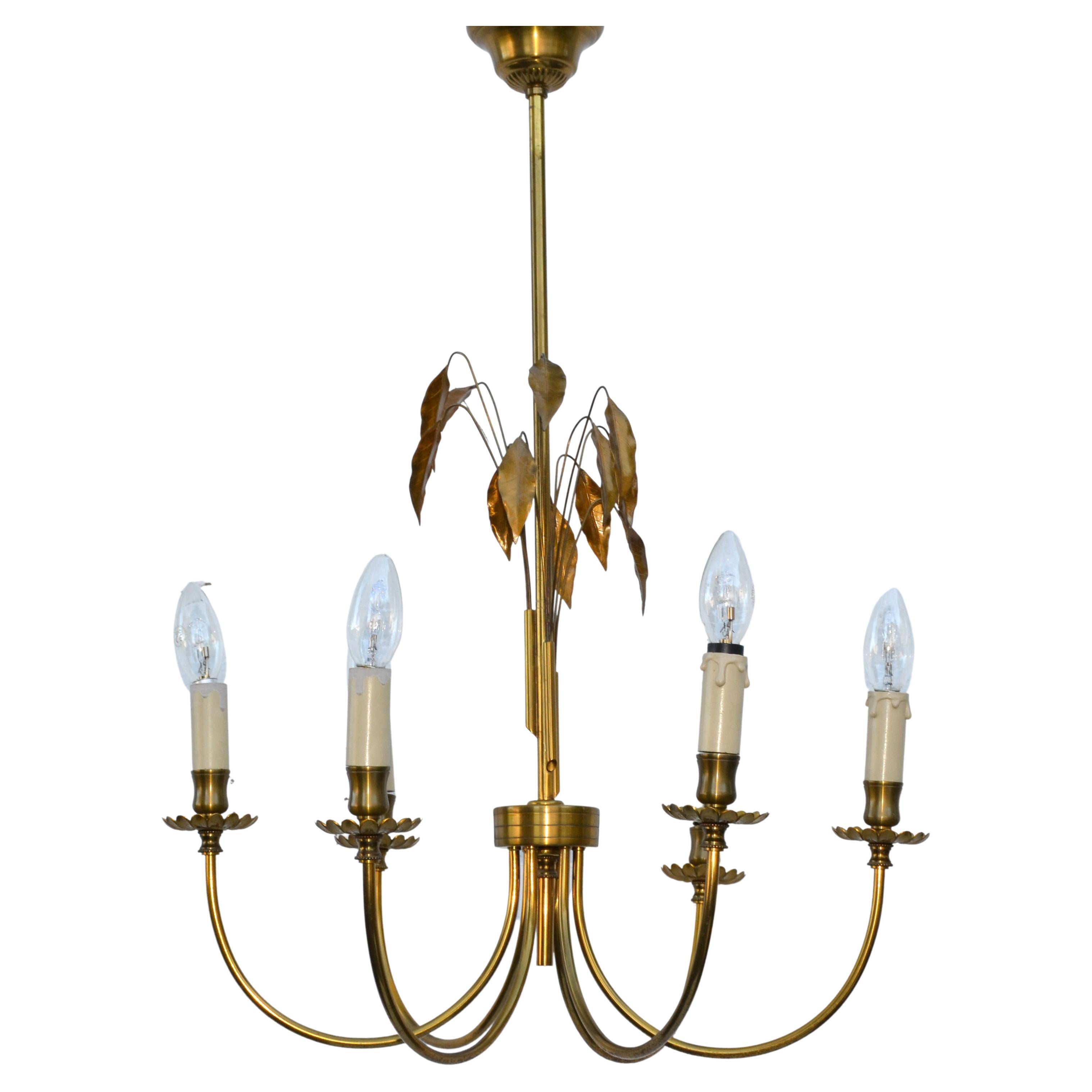  Maison Charles Style Feuilles Gold Leaf & Brass 6-Light Chandelier France 1960