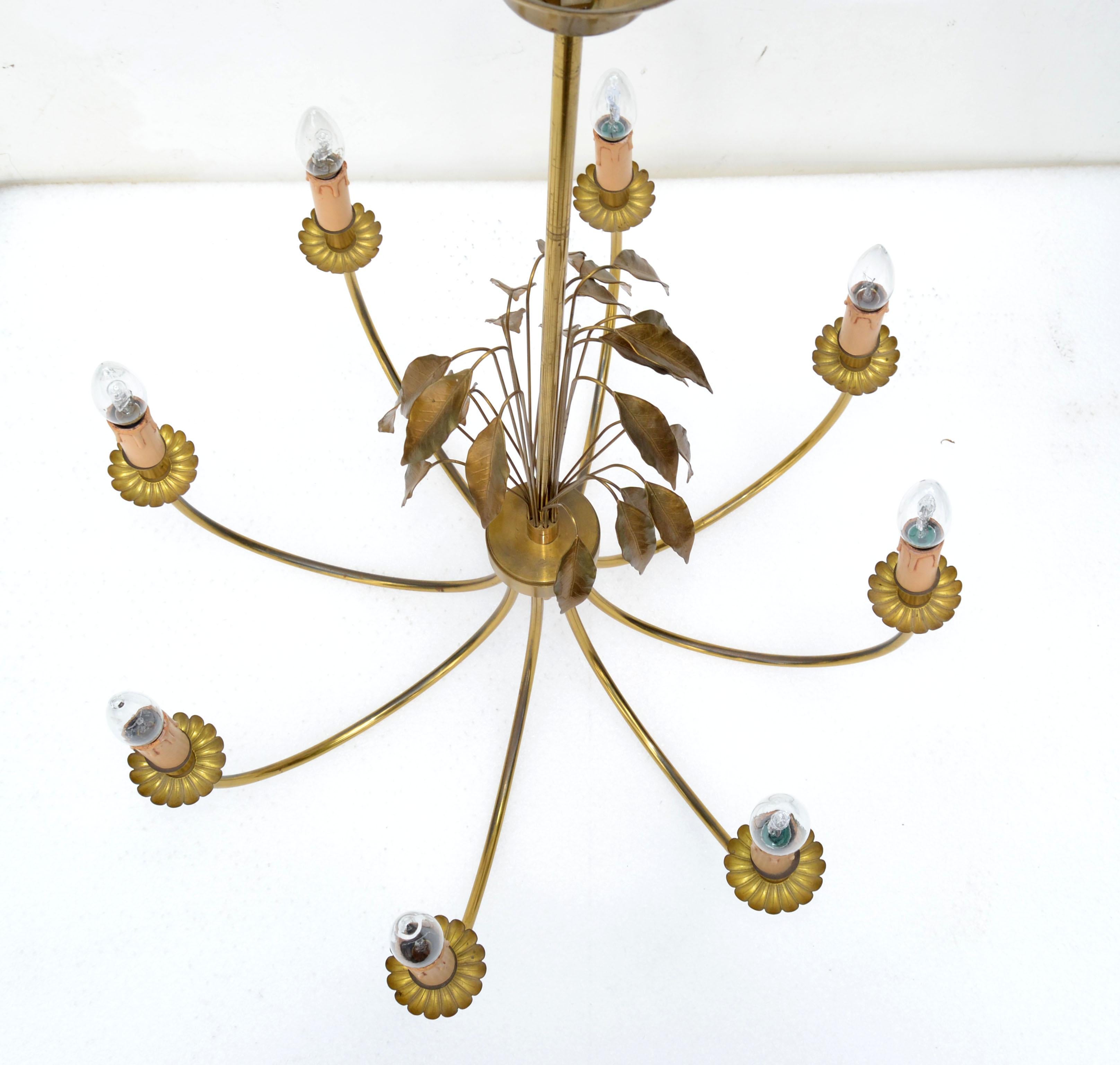 Maison Charles Style Feuilles Gold Leaf & Brass 8-Light Chandelier France 1960 For Sale 10