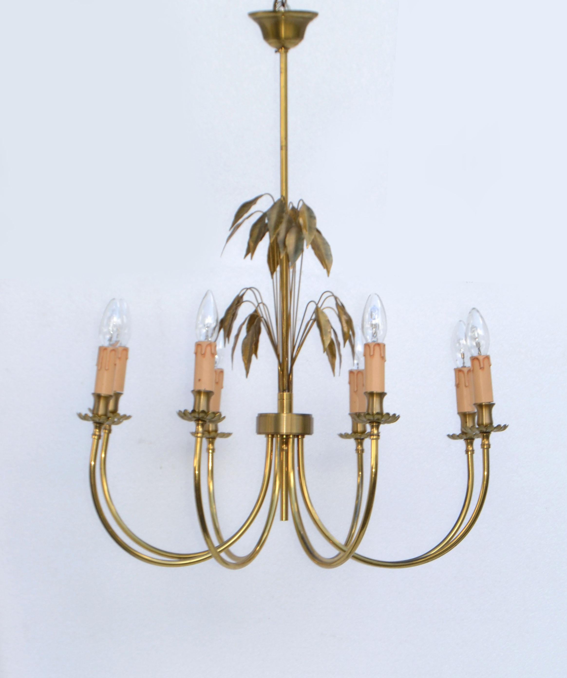 Maison Charles Style Feuilles Gold Leaf & Brass 8-Light Chandelier France 1960 For Sale 11