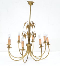 Maison Charles Style Feuilles Gold Leaf & Brass 8-Light Chandelier France 1960