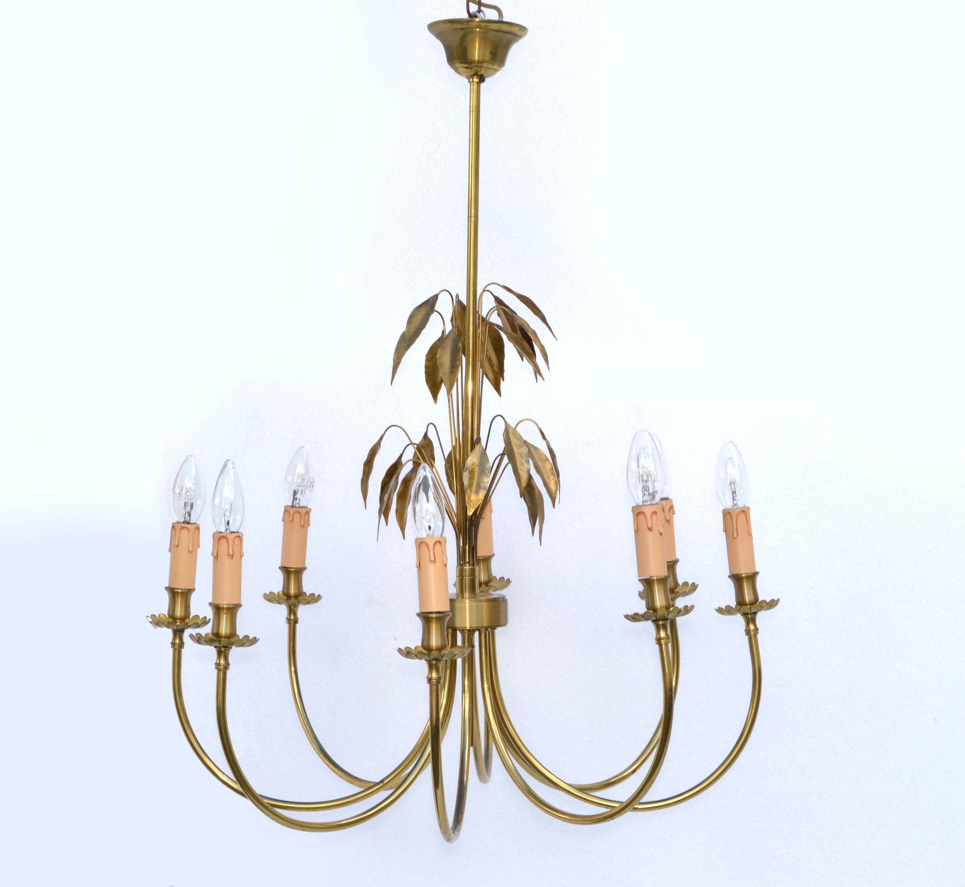 Mid-Century Modern Maison Charles Style Feuilles Gold Leaf & Brass 8-Light Chandelier France 1960 For Sale