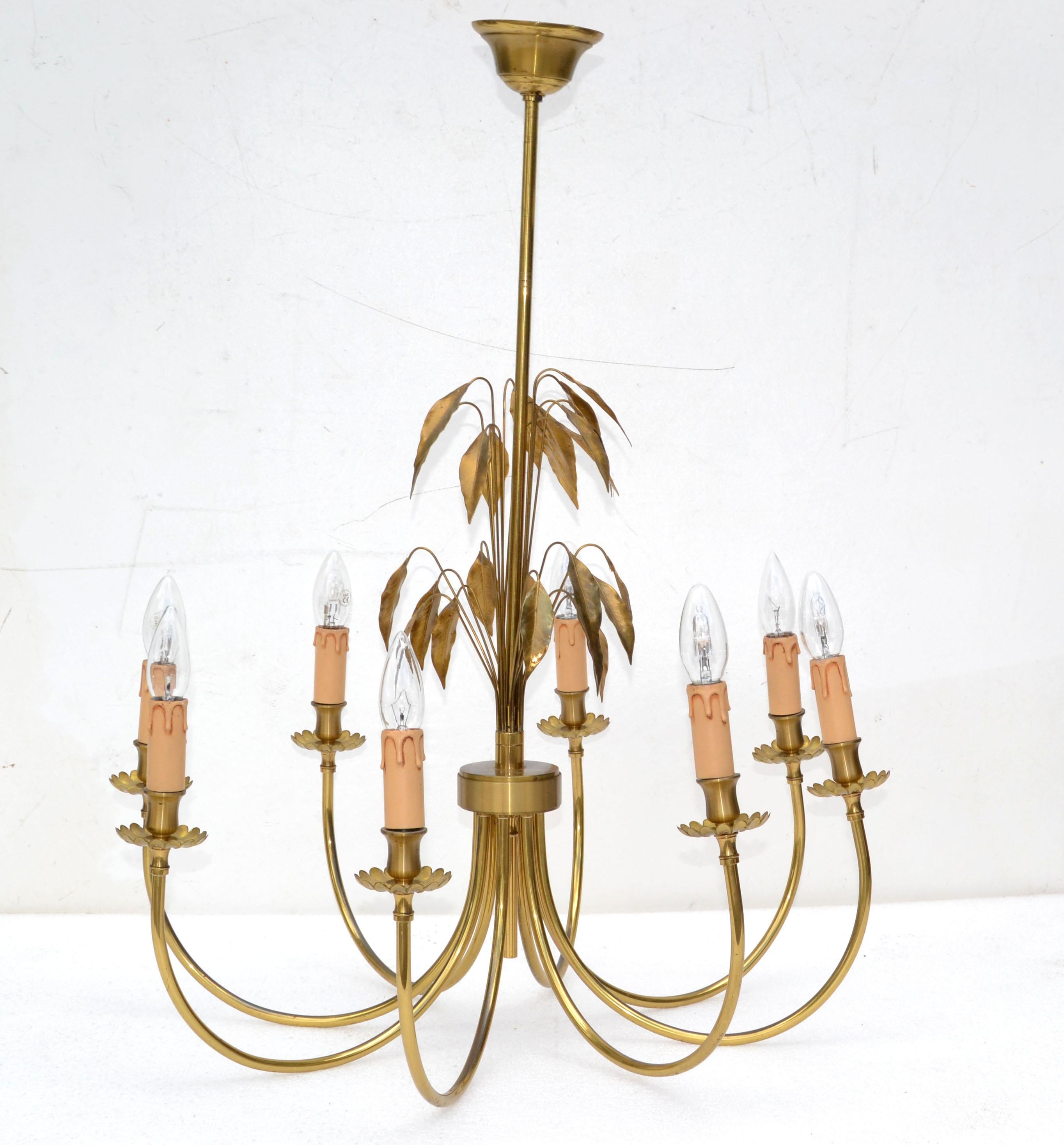French Maison Charles Style Feuilles Gold Leaf & Brass 8-Light Chandelier France 1960 For Sale
