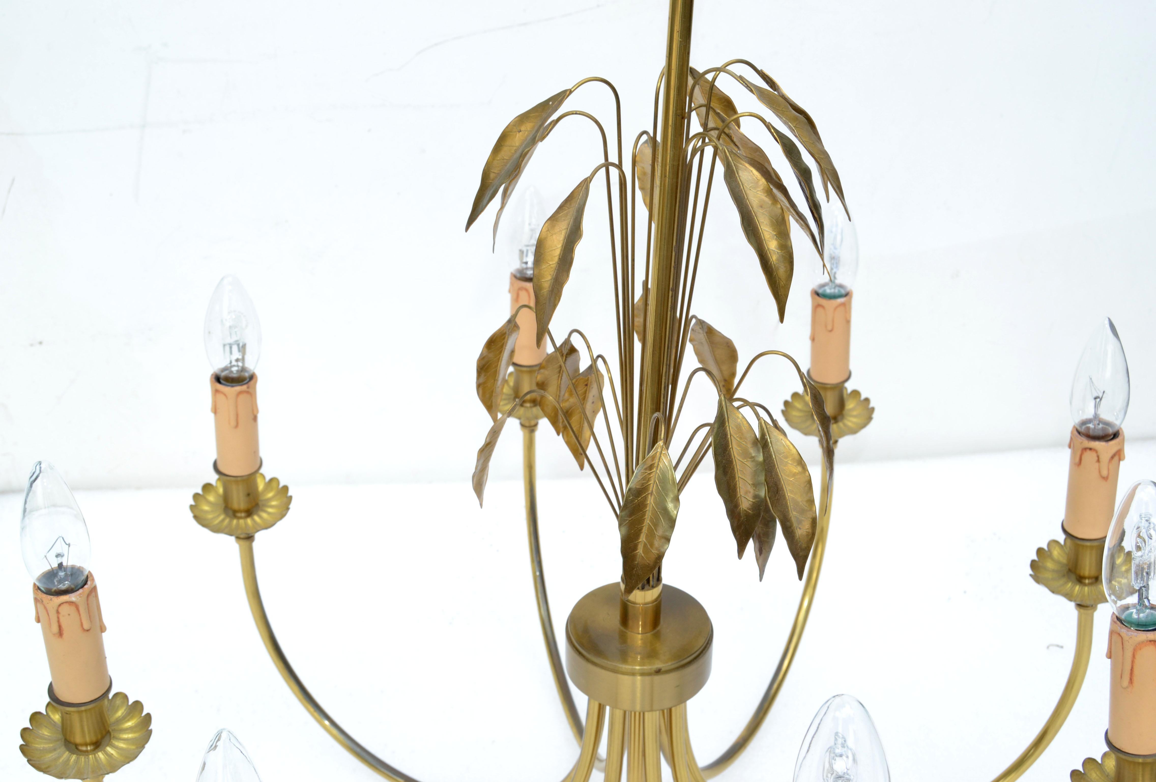 Mid-20th Century Maison Charles Style Feuilles Gold Leaf & Brass 8-Light Chandelier France 1960 For Sale