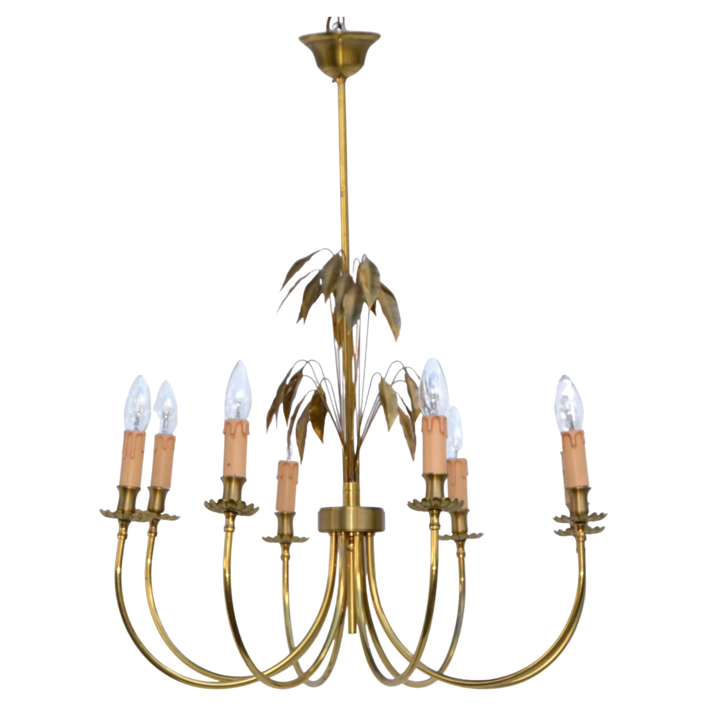 Maison Charles Style Feuilles Gold Leaf & Brass 8-Light Chandelier France 1960