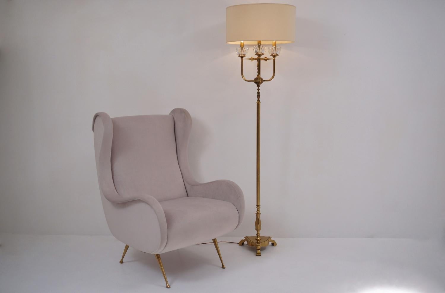 French Maison Charles Style Floor Lamp, Brass and 'Lalique-Style' Crystal Flowers For Sale