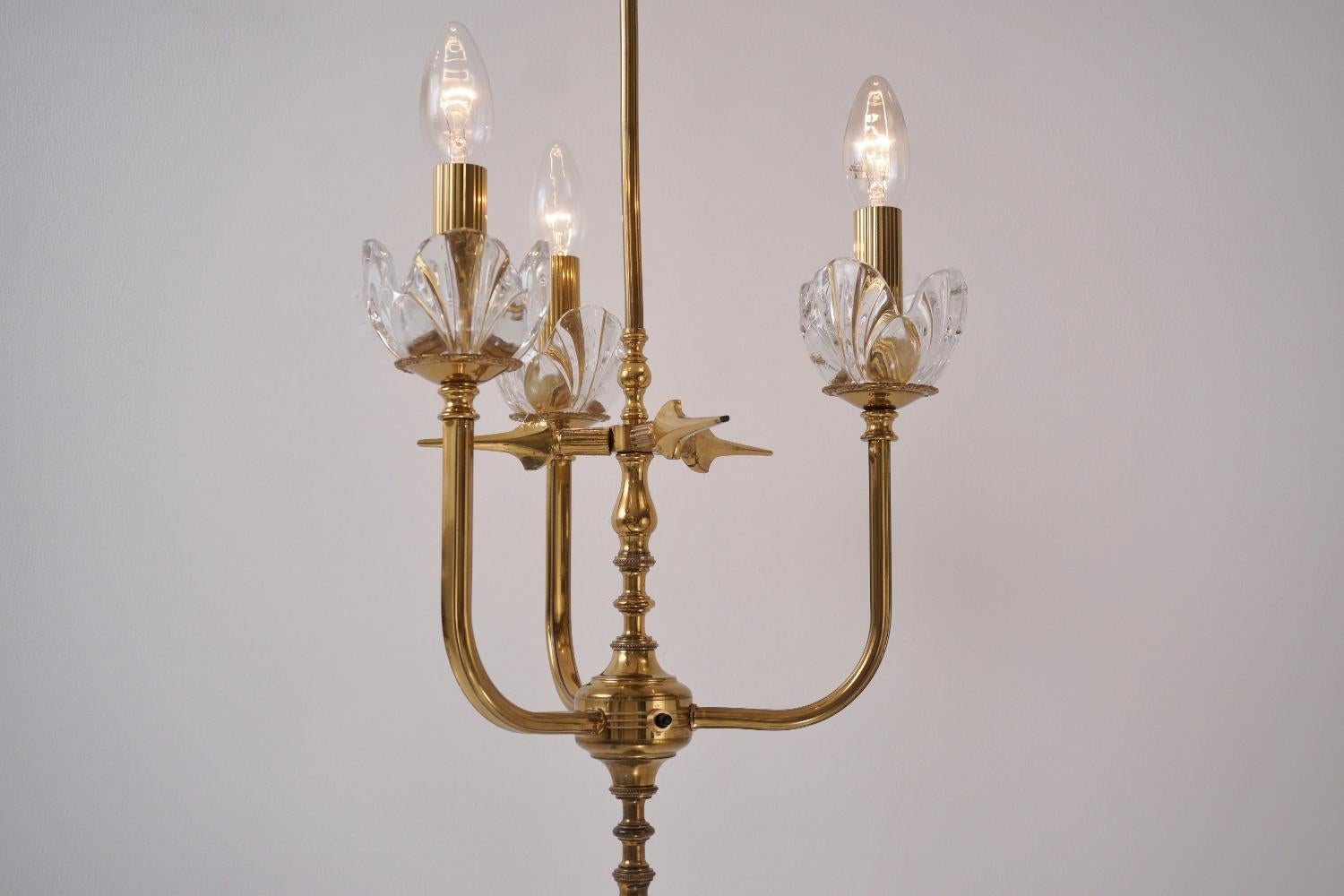 Mid-20th Century Maison Charles Style Floor Lamp, Brass and 'Lalique-Style' Crystal Flowers For Sale