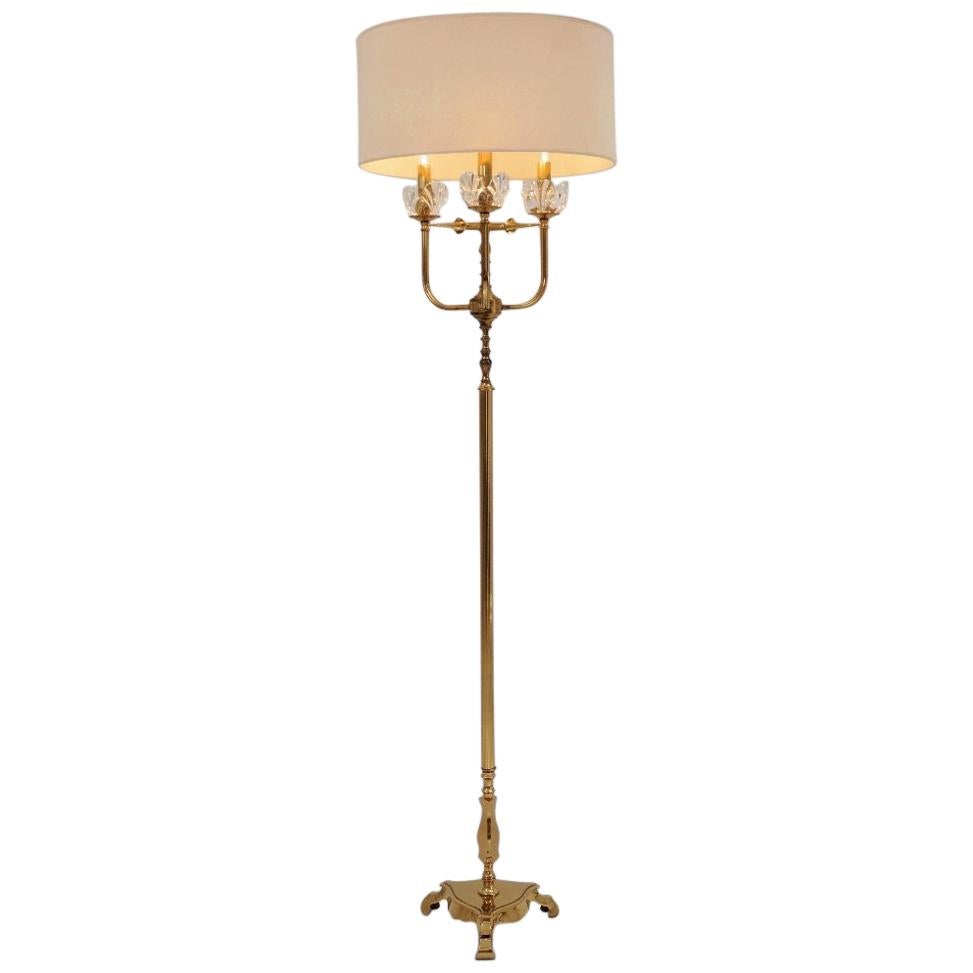 Maison Charles Style Floor Lamp, Brass and 'Lalique-Style' Crystal Flowers For Sale