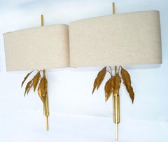 Maison Charles Style Gold Leaf and Brass Tree Leaves Sconces, Wall Lights, Pair