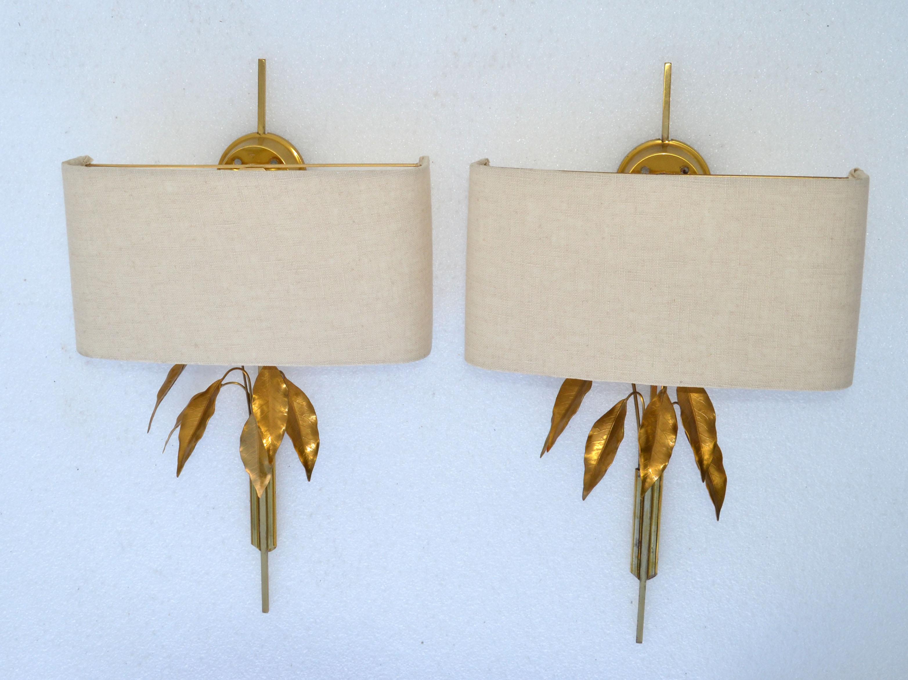 Neoclassical Maison Charles Style Gold Leaf and Brass Tree Leaves Sconces, Wall Lights, Pair For Sale