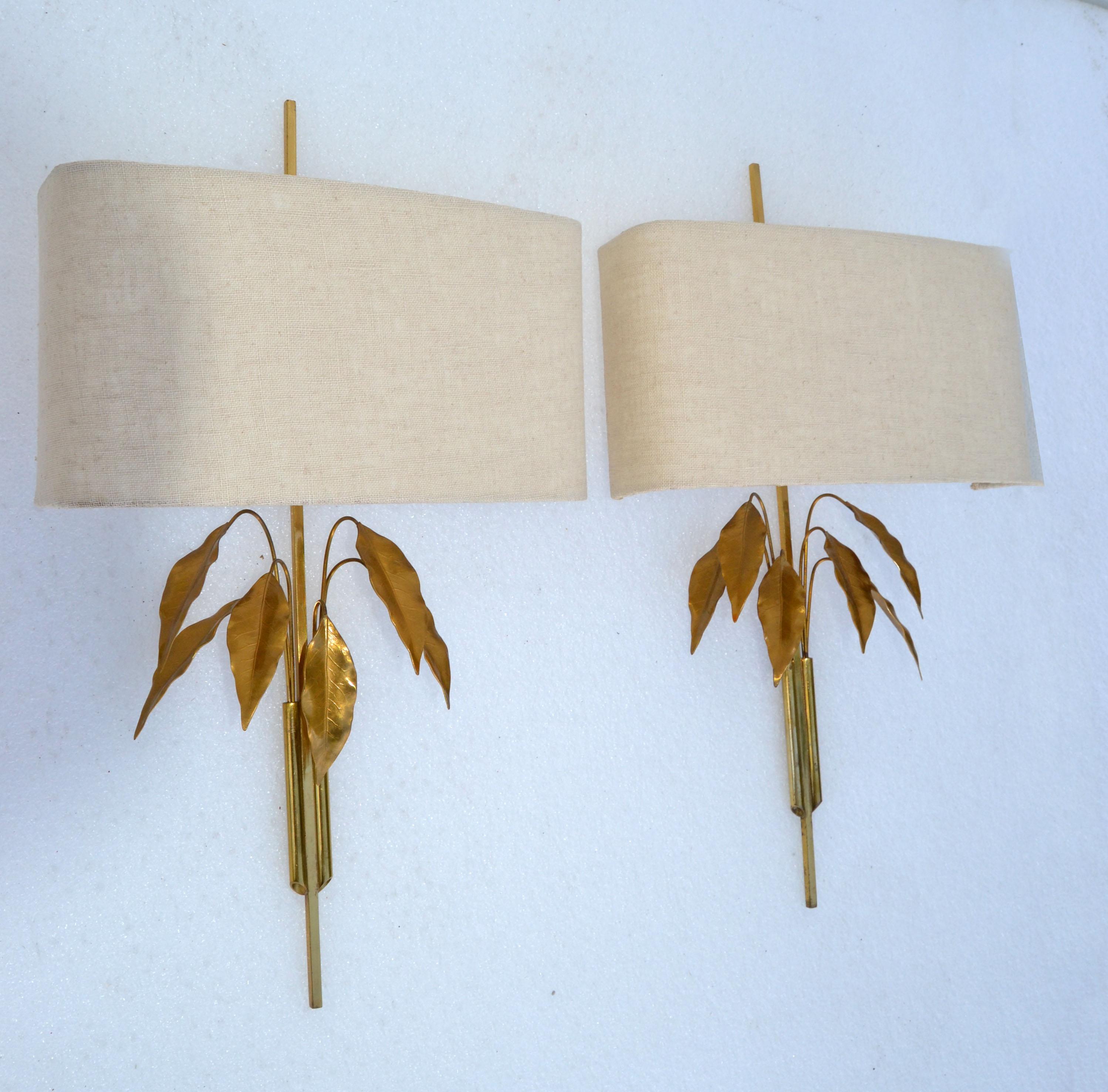 French Maison Charles Style Gold Leaf and Brass Tree Leaves Sconces, Wall Lights, Pair For Sale