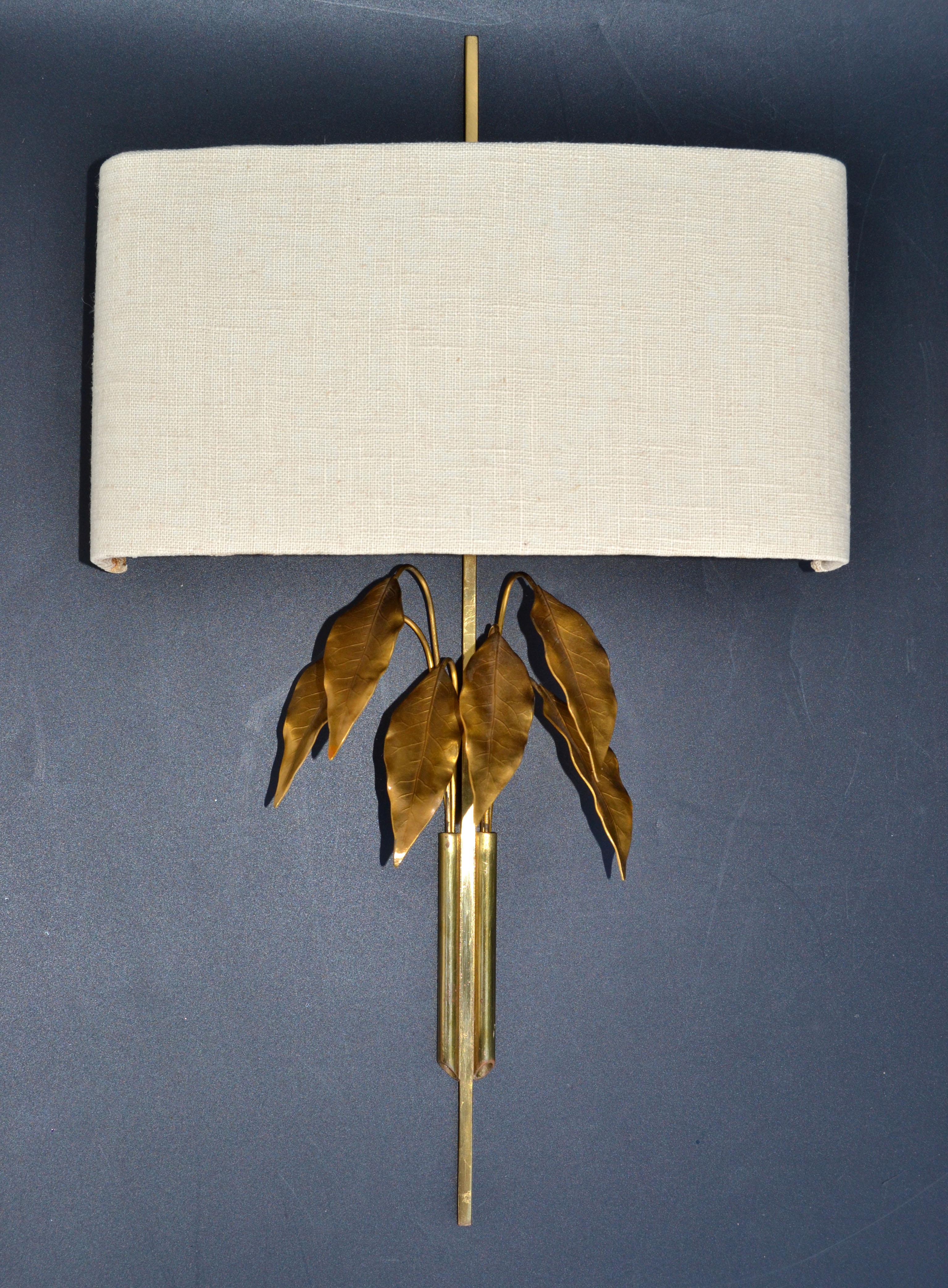 Hand-Crafted Maison Charles Style Gold Leaf and Brass Tree Leaves Sconces, Wall Lights, Pair For Sale