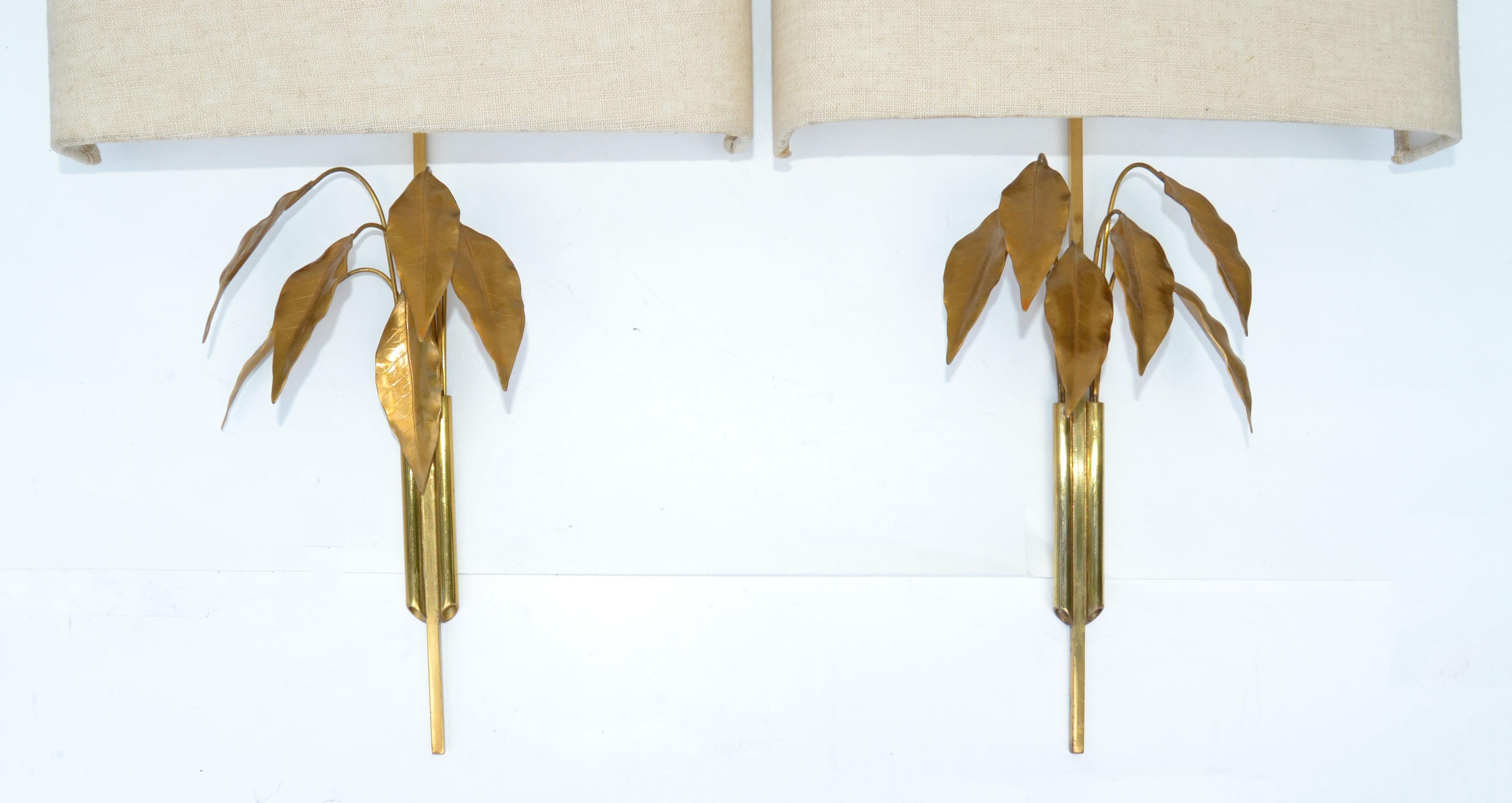 Mid-20th Century Maison Charles Style Gold Leaf and Brass Tree Leaves Sconces, Wall Lights, Pair For Sale