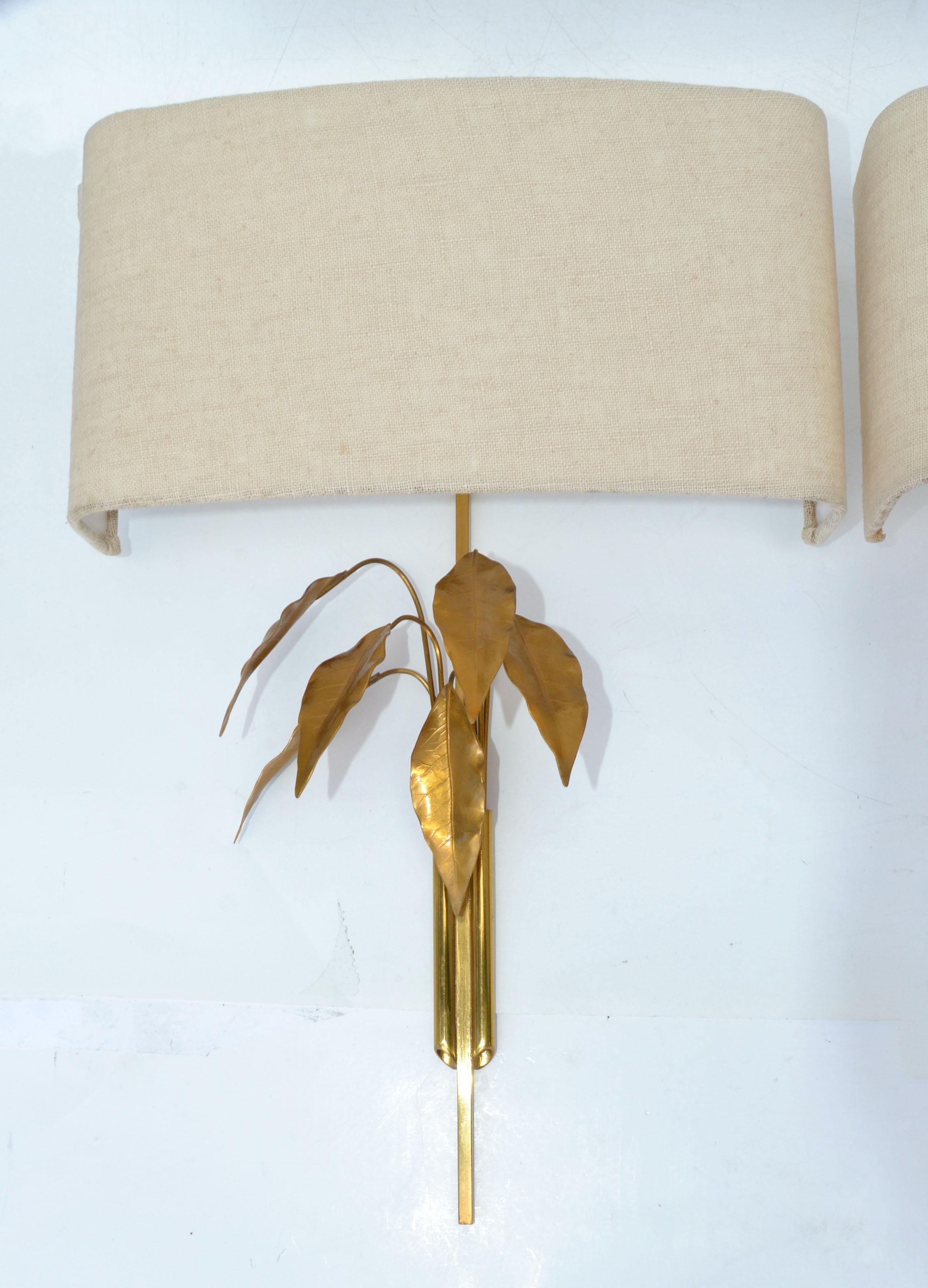 Maison Charles Style Gold Leaf and Brass Tree Leaves Sconces, Wall Lights, Pair For Sale 1