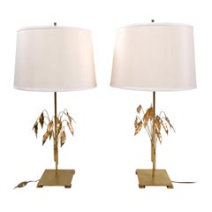 Maison Charles Style Gold Leaf and Brass Tree Leaves Table Lamps, Pair