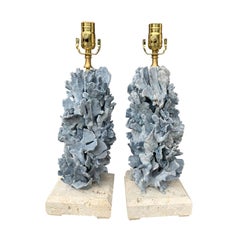 Maison Charles Style 20th Century Blue Coral Lamps on Coquina Stone Bases, Pair