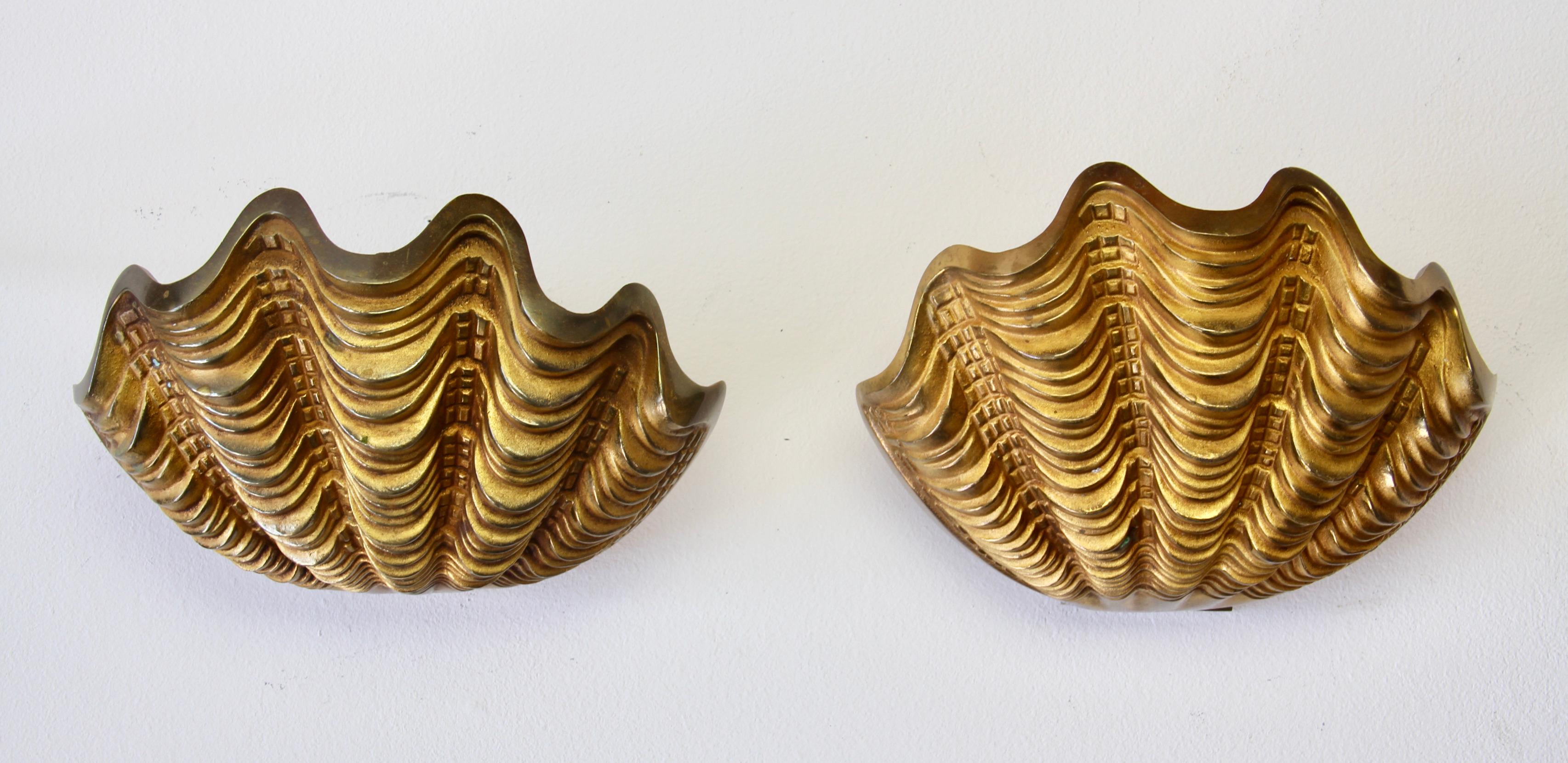 20th Century Maison Charles Style Pair of Mid-Century Bronze Clam Shell Wall Lights Sconces