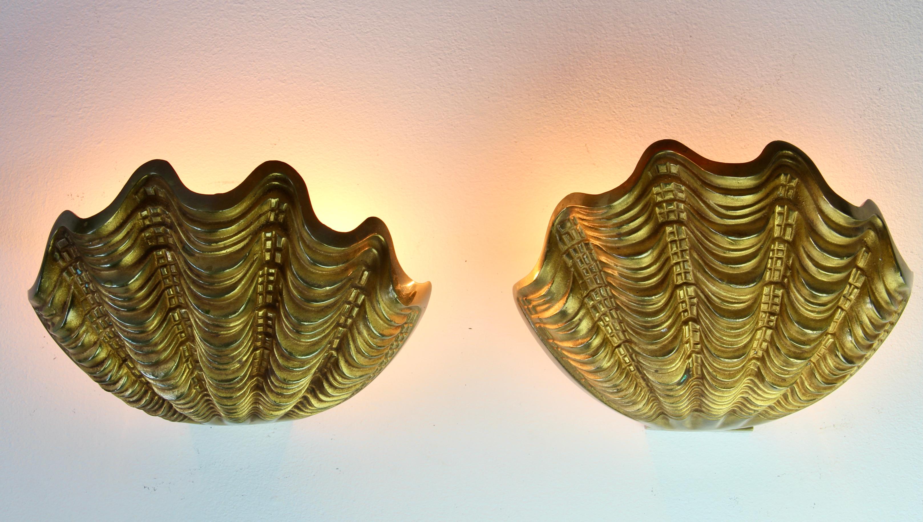 Brass Maison Charles Style Pair of Mid-Century Bronze Clam Shell Wall Lights Sconces